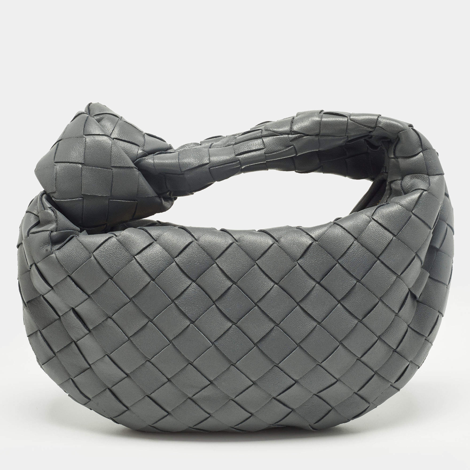 Pre Owned Bottega Veneta Jodie Mini Grey Intrecciato Leather Hobo