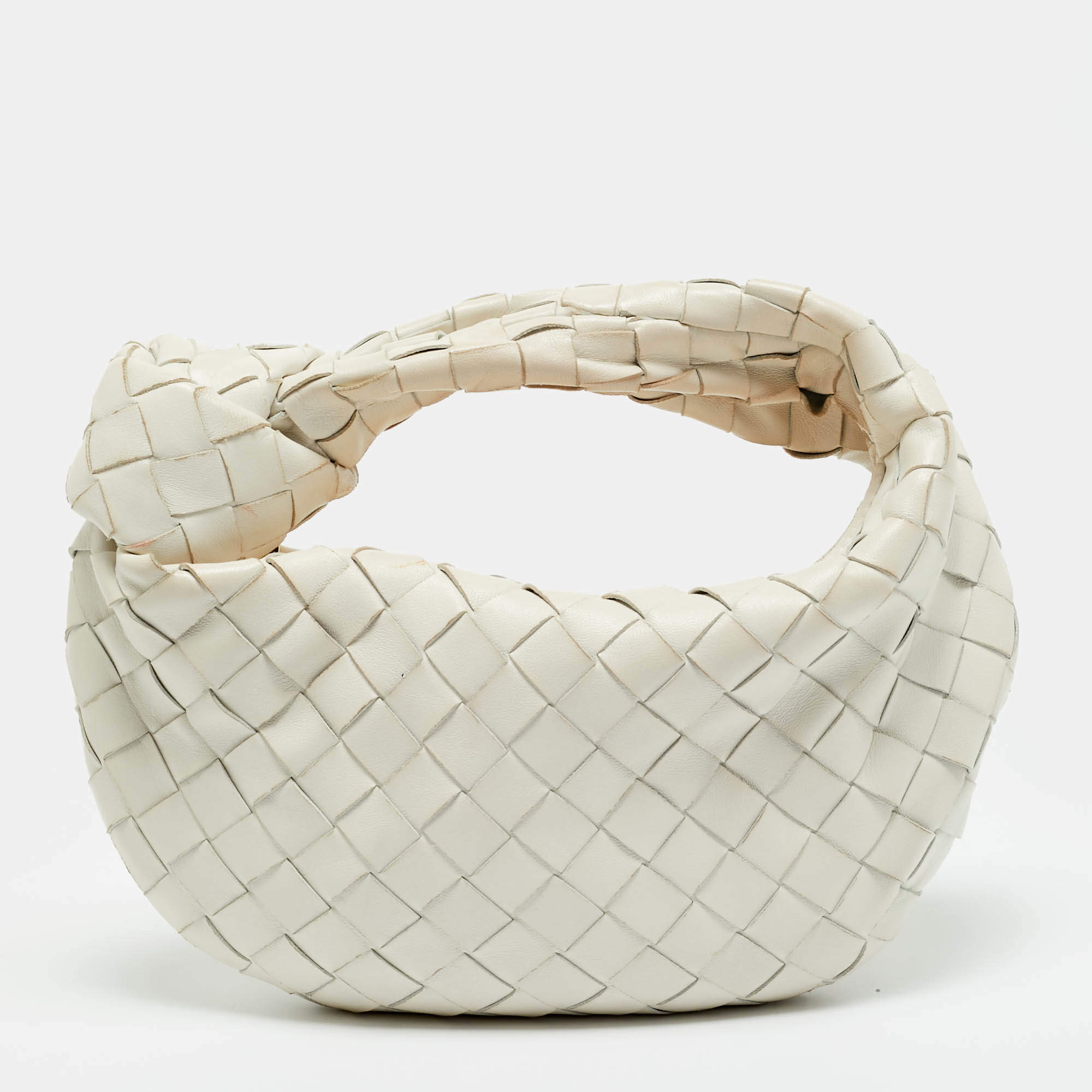 Pre Owned Bottega Veneta Mini BV Jodie White Intrecciato Leather Hobo