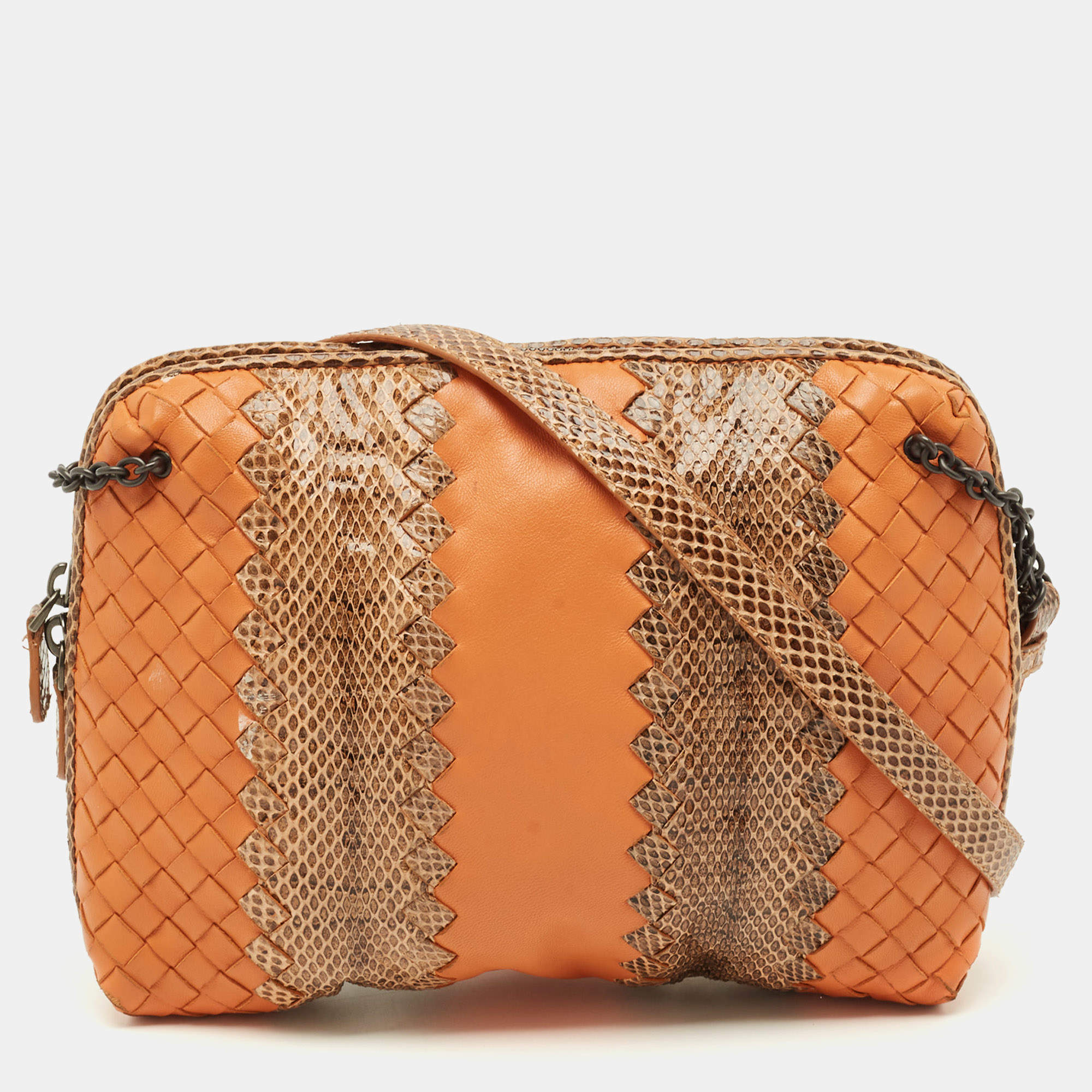 Pre Owned Bottega Veneta Nodini Orange/Brown Intrecciato Leather and Snakeskin Crossbody Bag