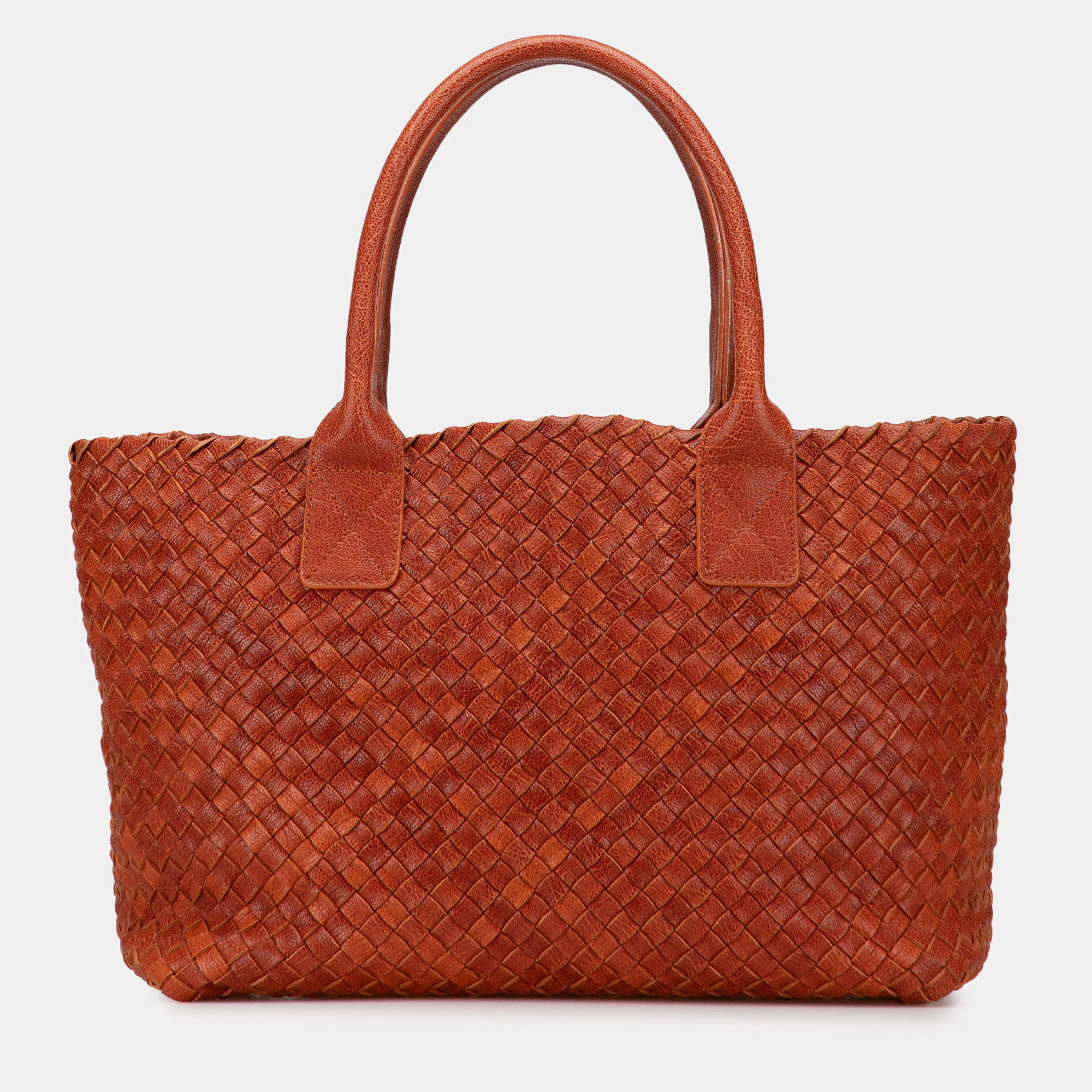 Pre Owned Bottega Veneta Brown Small Lambskin Intreccio Cabat Tote