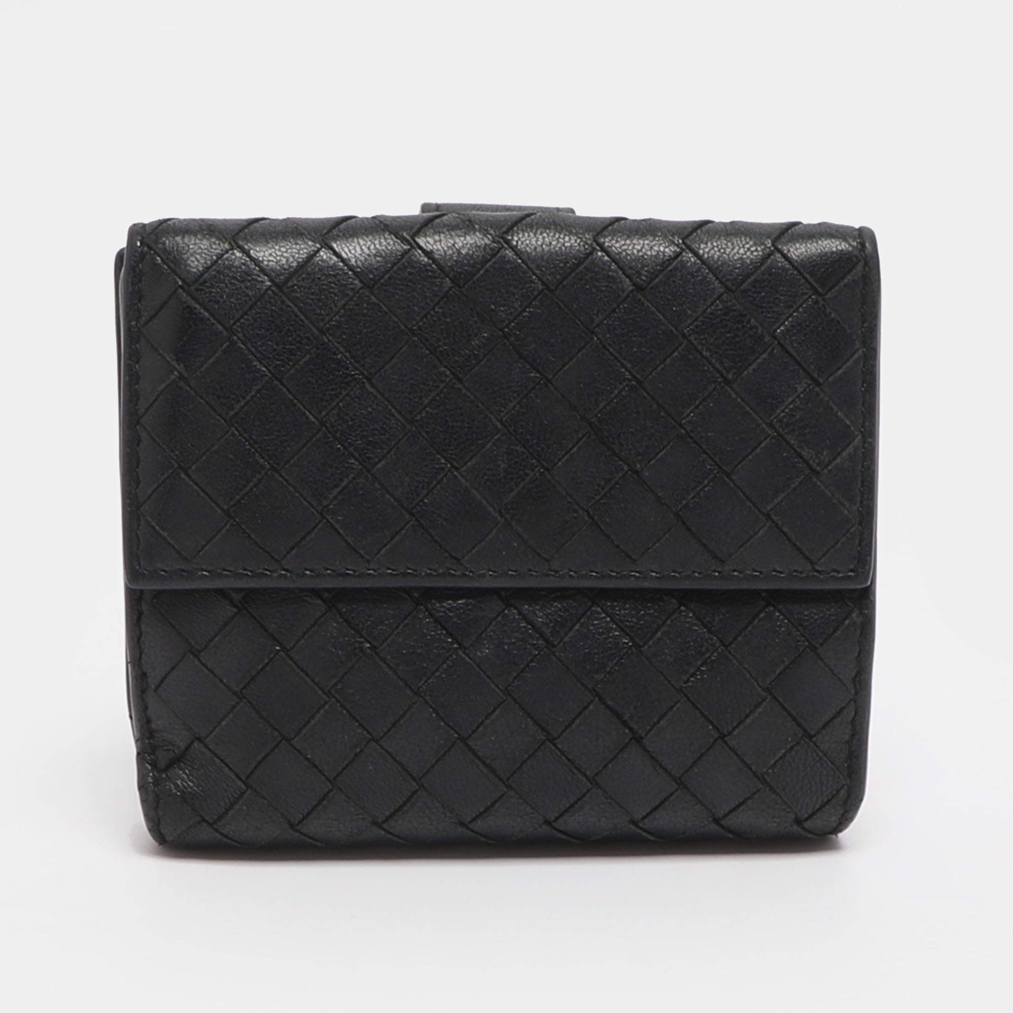 Pre Owned Bottega Veneta Black Intrecciato Leather French Wallet