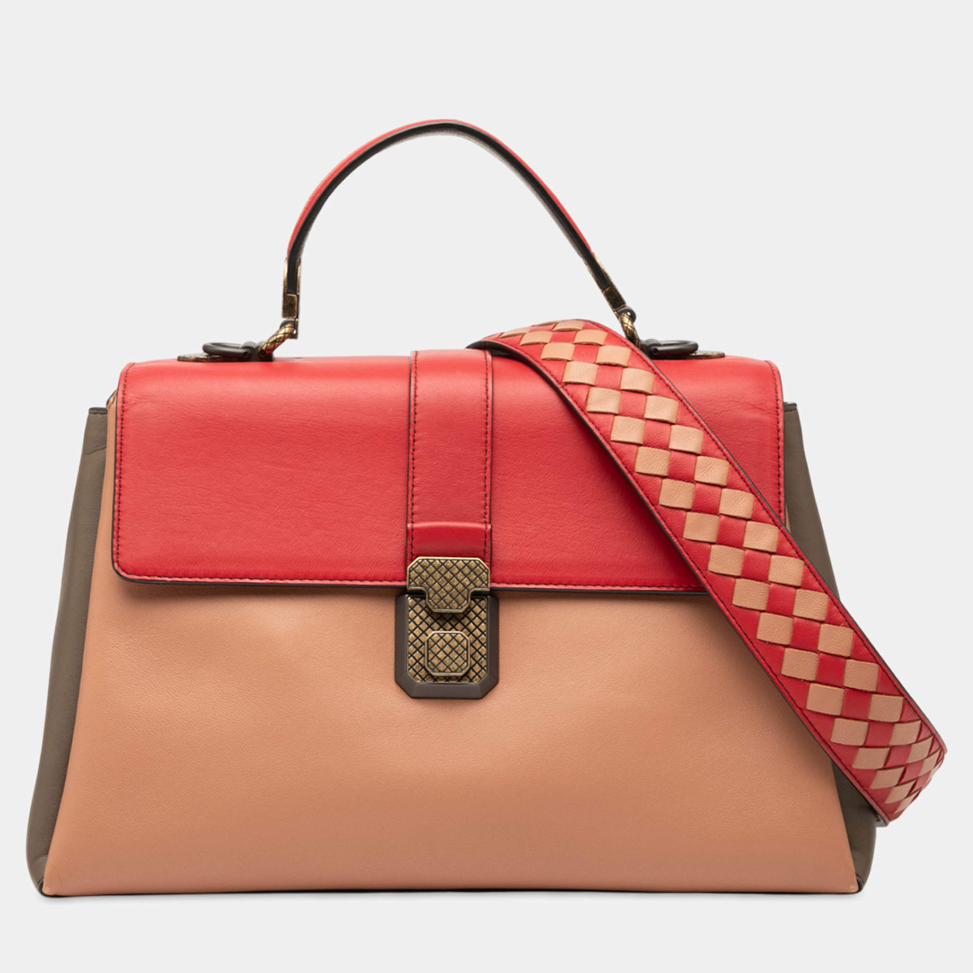 مملوكة مسبقًا Bottega Veneta Red Medium Tricolor Nappa Piazza Top Handle Satchel