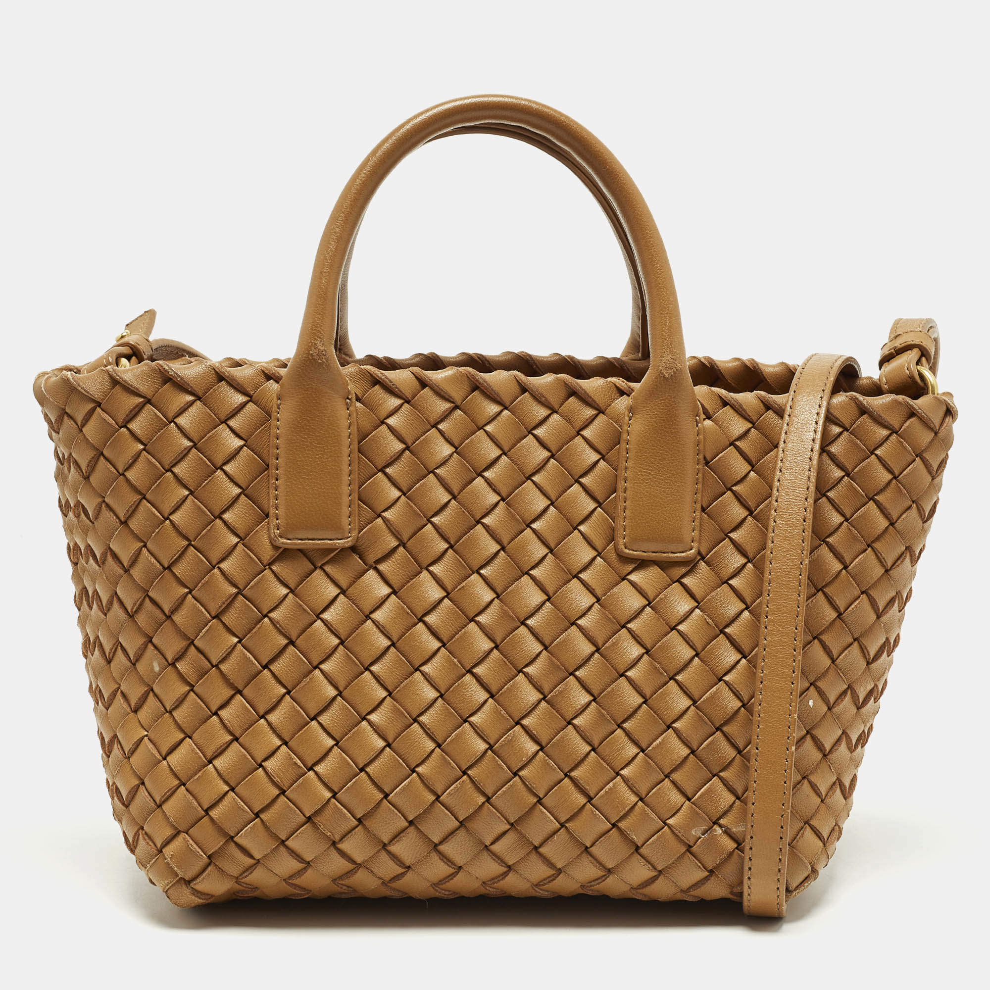 Pre Owned Bottega Veneta Cabat Mini Camel Intrecciato Leather Tote