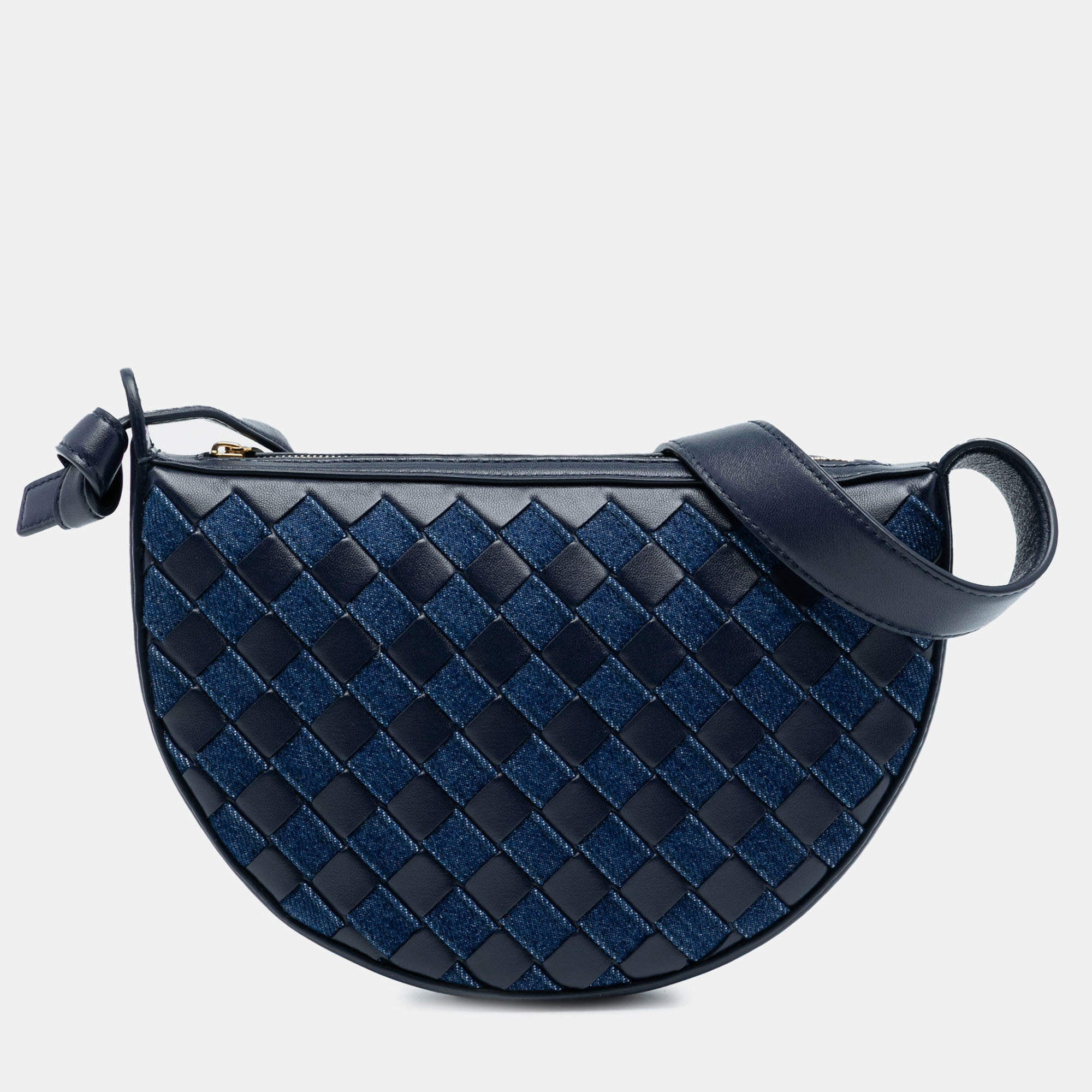 مملوكة مسبقًا Bottega Veneta Blue Mini Leather and Denim Intrecciato Sunrise Hobo