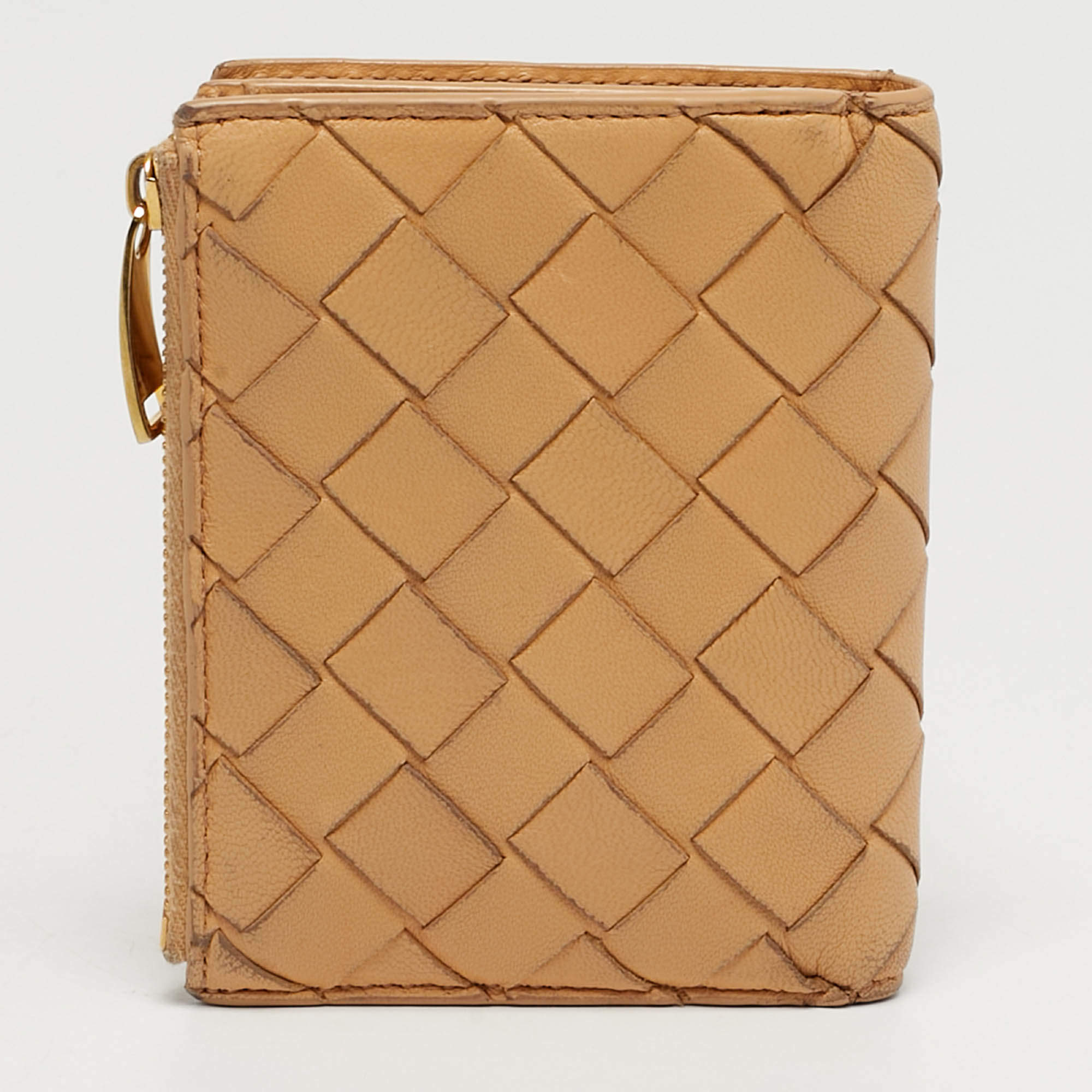 Pre Owned Bottega Veneta Beige Intrecciato Leather Compact Wallet