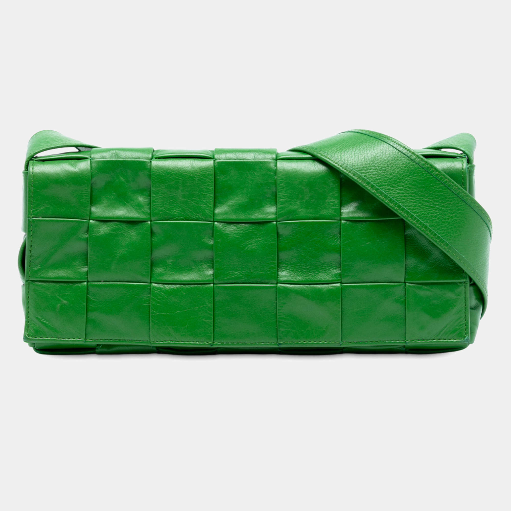 Pre Owned Bottega Veneta Green Stretch Paper Calfskin Intrecciato Cassette Crossbody