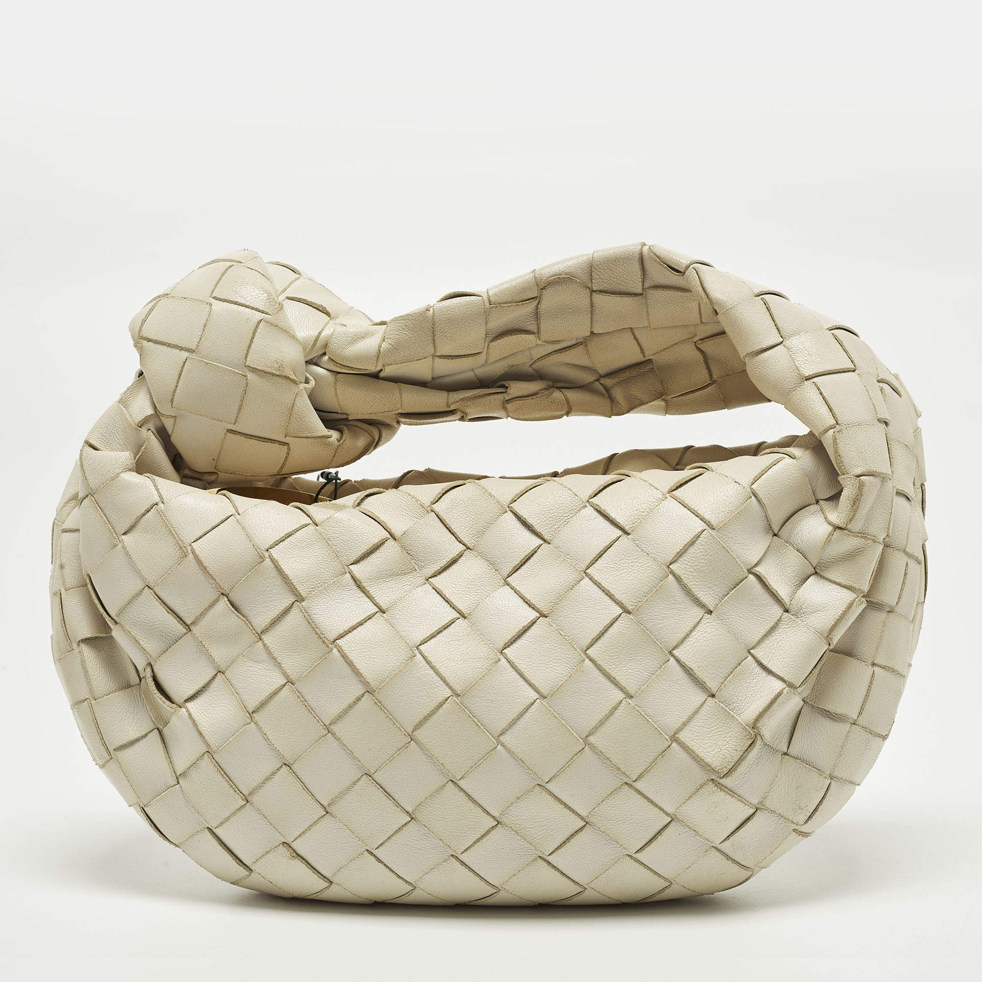 Pre Owned Bottega Veneta Jodie Mini Off White Intrecciato Leather Hobo