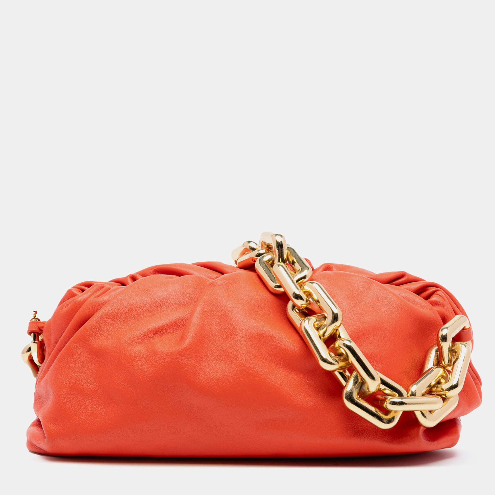Pre Owned Bottega Veneta Orange Lambskin Chain Pouch