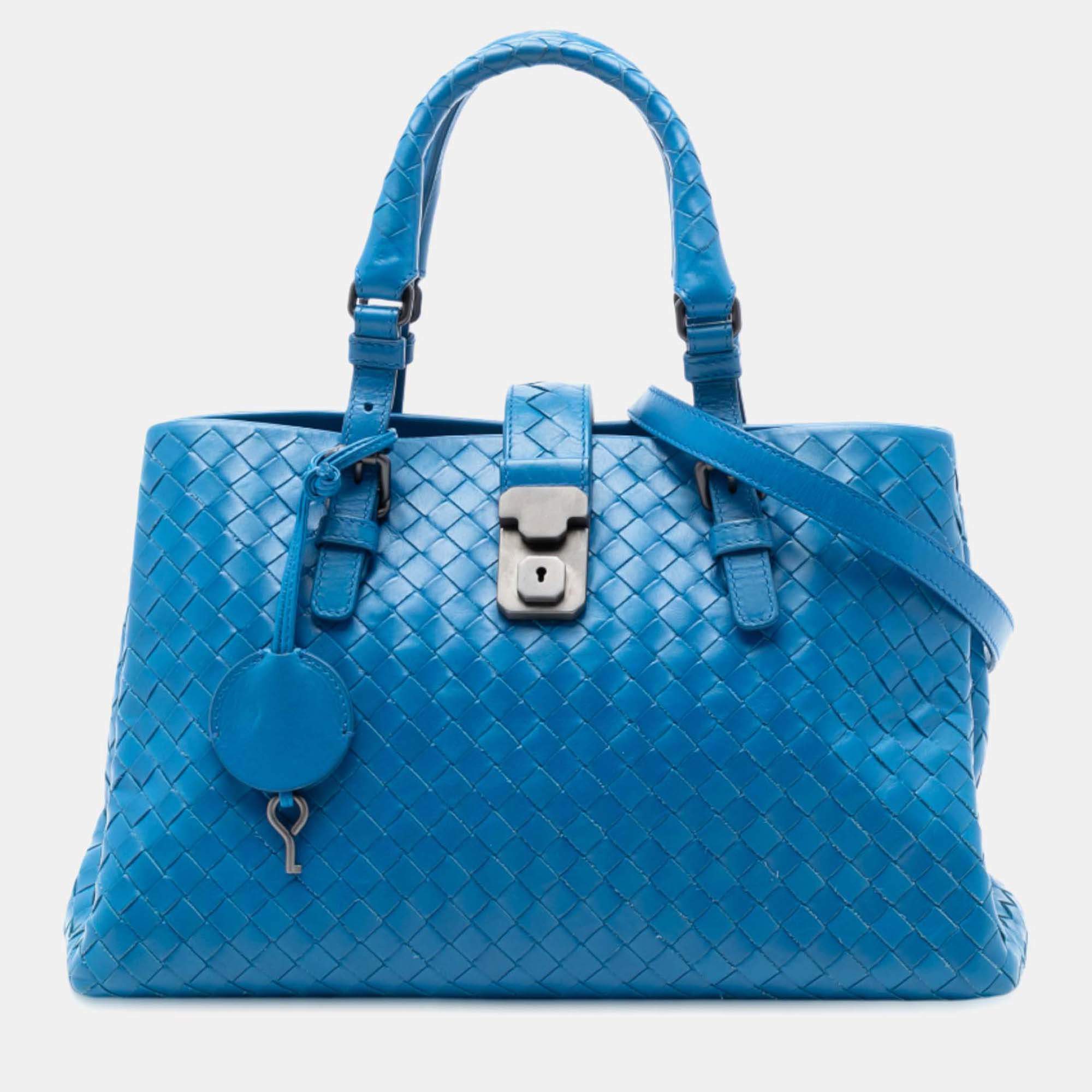 Pre Owned Bottega Veneta Blue Small Nappa Intrecciato Roma Satchel