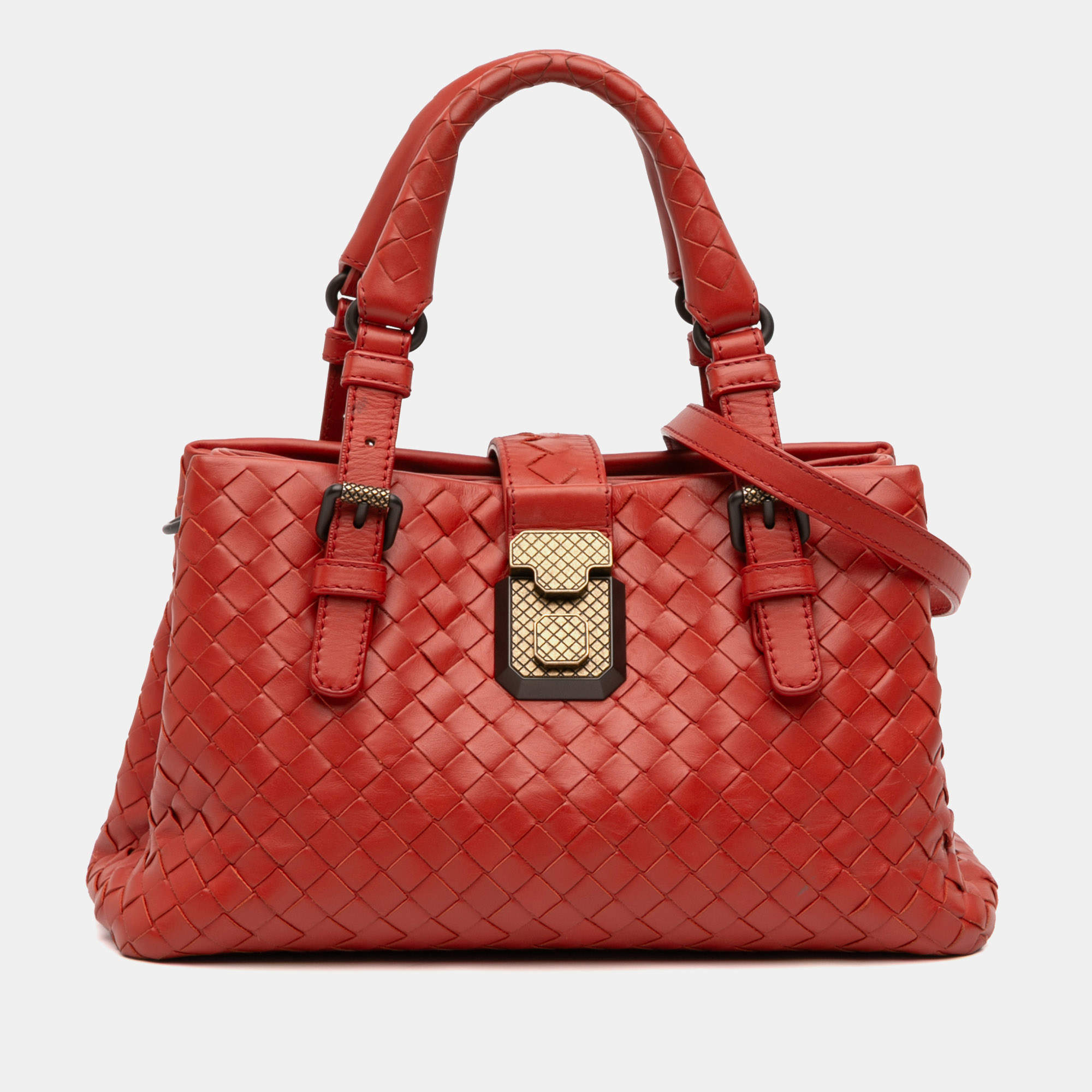 Pre Owned Bottega Veneta Red Mini Nappa Intrecciato Roma Satchel