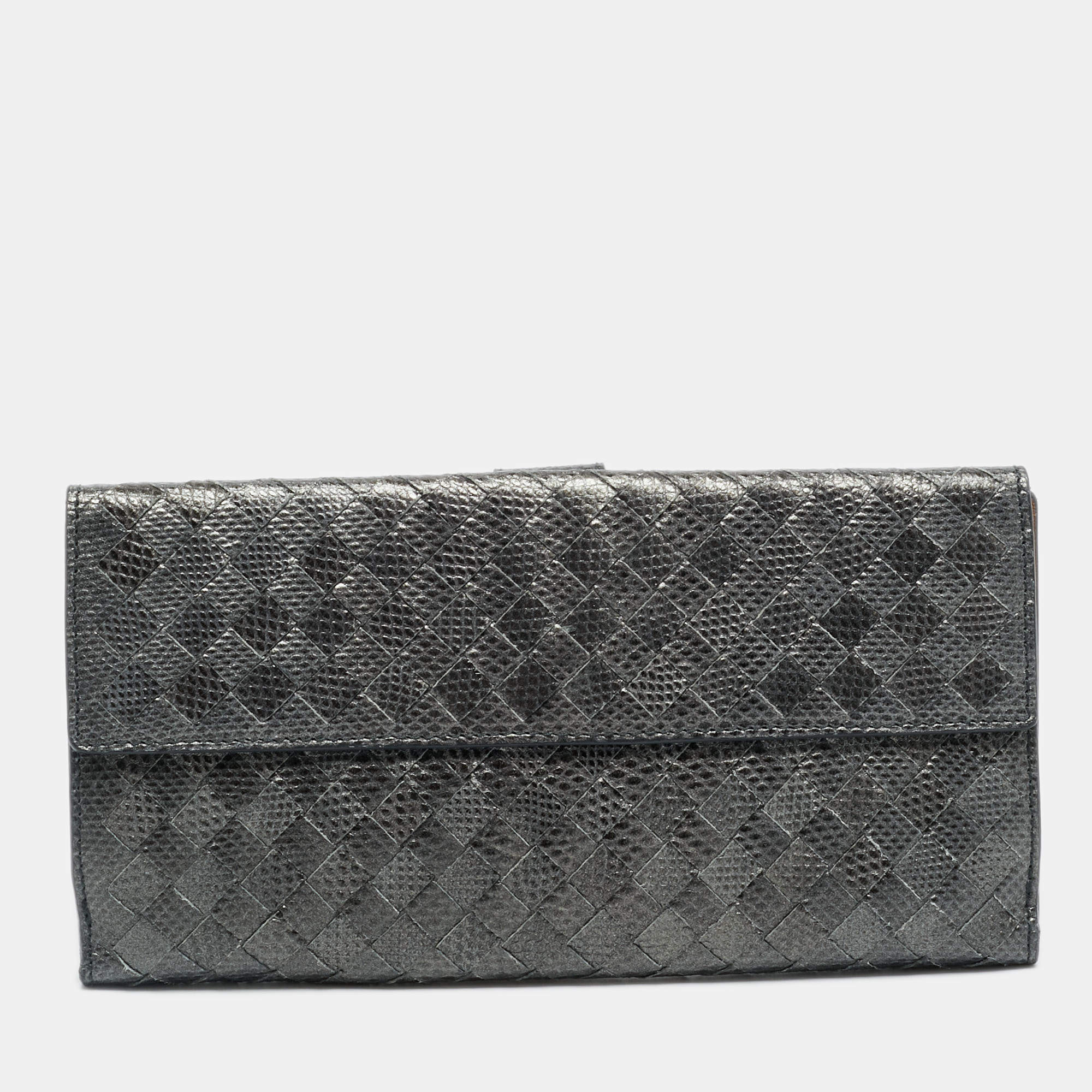 Pre Owned Bottega Veneta Grey Lizard Embossed Intrecciato Leather French Flap Wallet