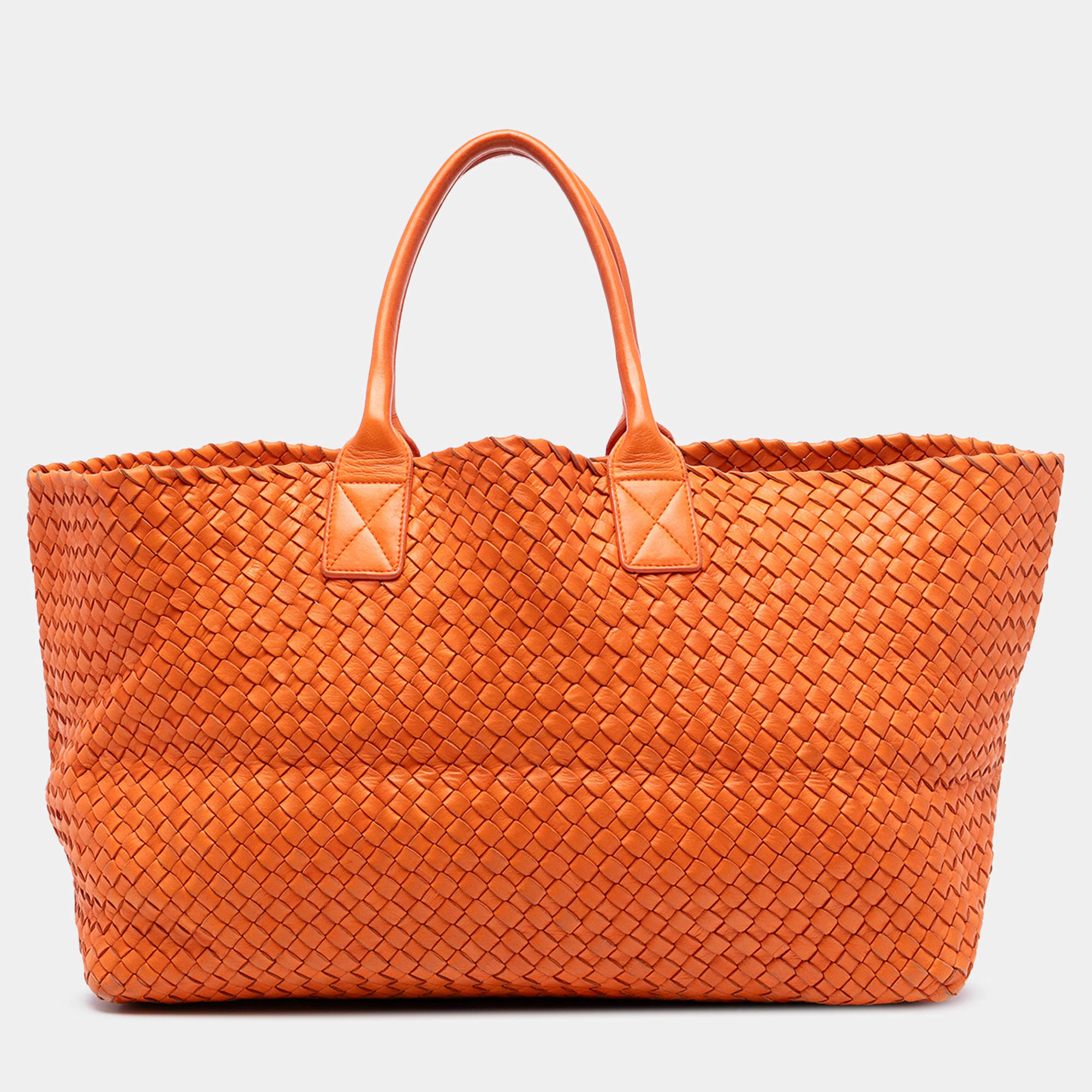 Pre Owned Bottega Veneta Orange Large Lambskin Intreccio Cabat Tote