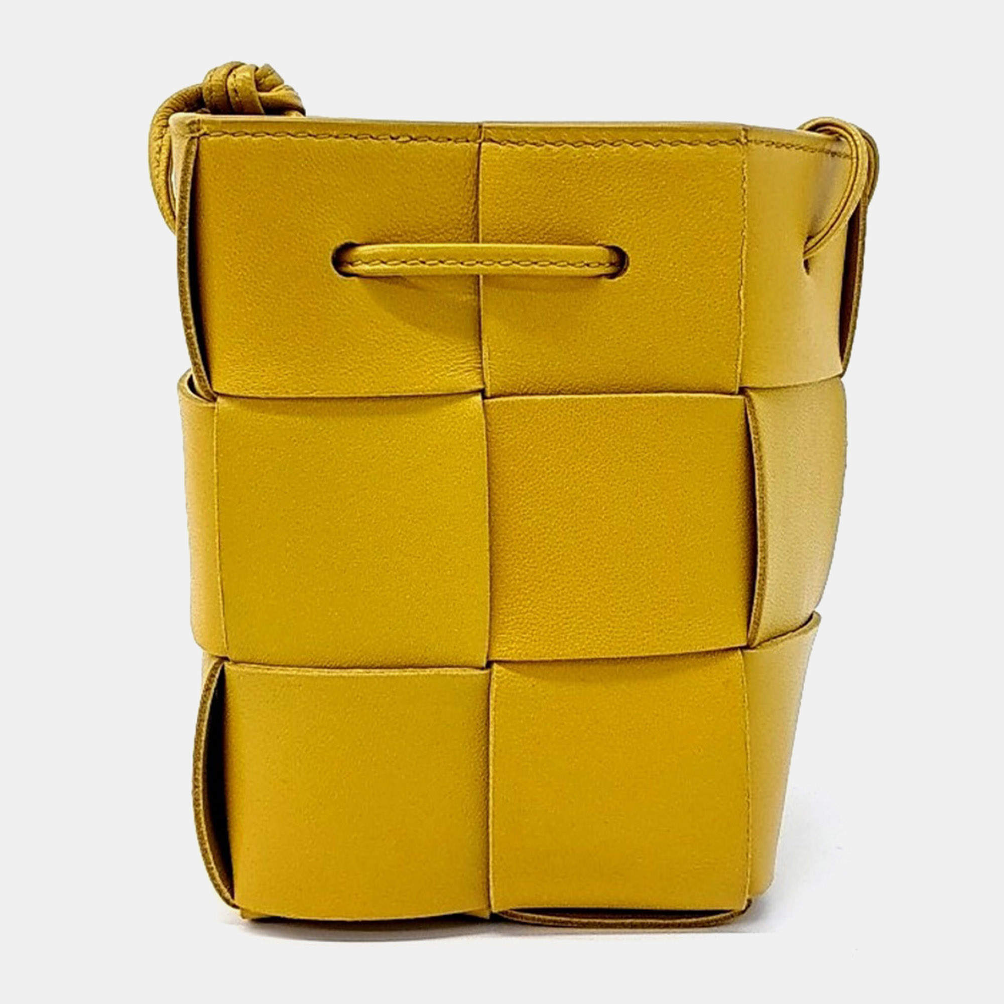 Pre Owned Bottega Veneta Yellow Leather Cassette Mini Bucket Bag