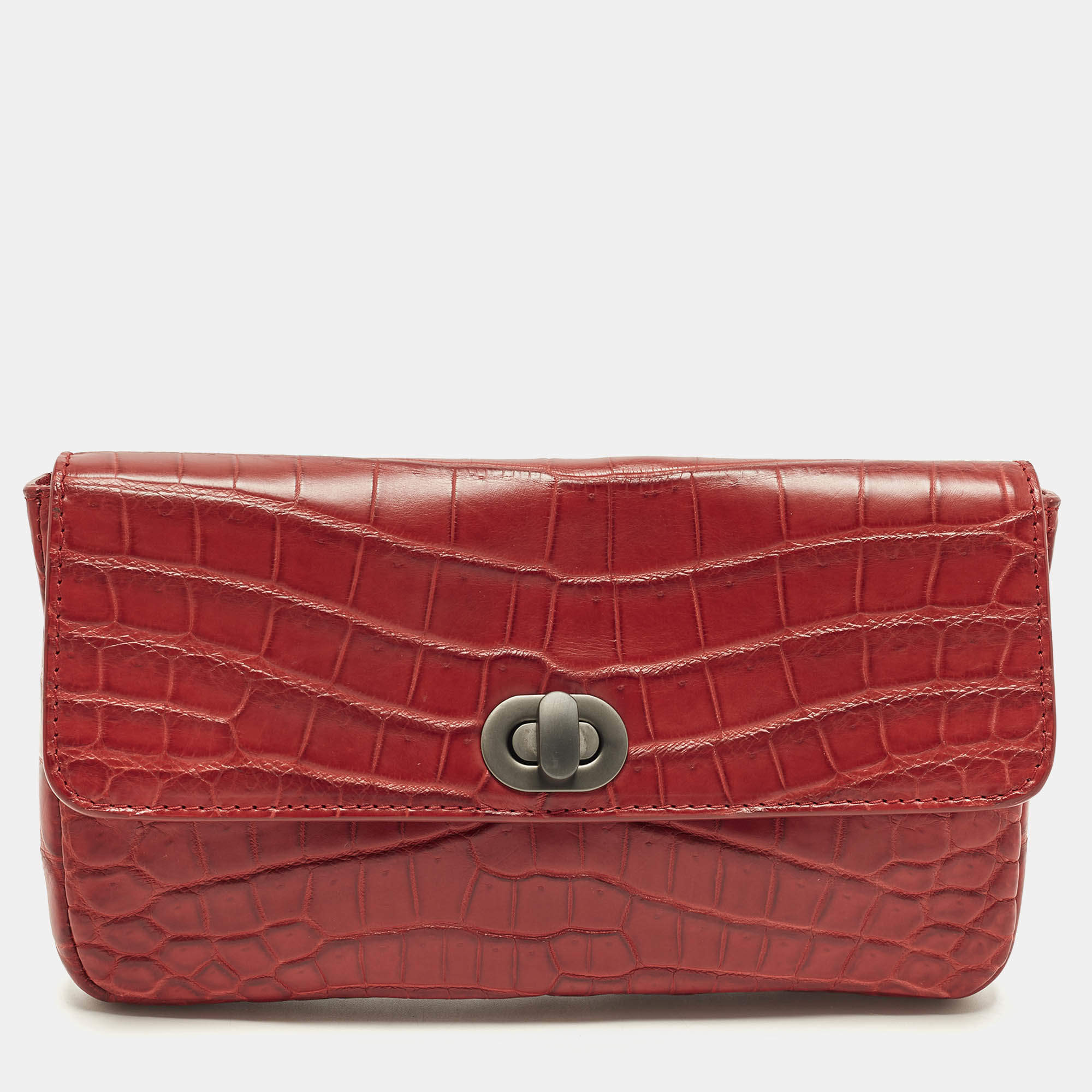 Pre Owned Bottega Veneta Red Croc Embossed Leather Lock Flap Clutch