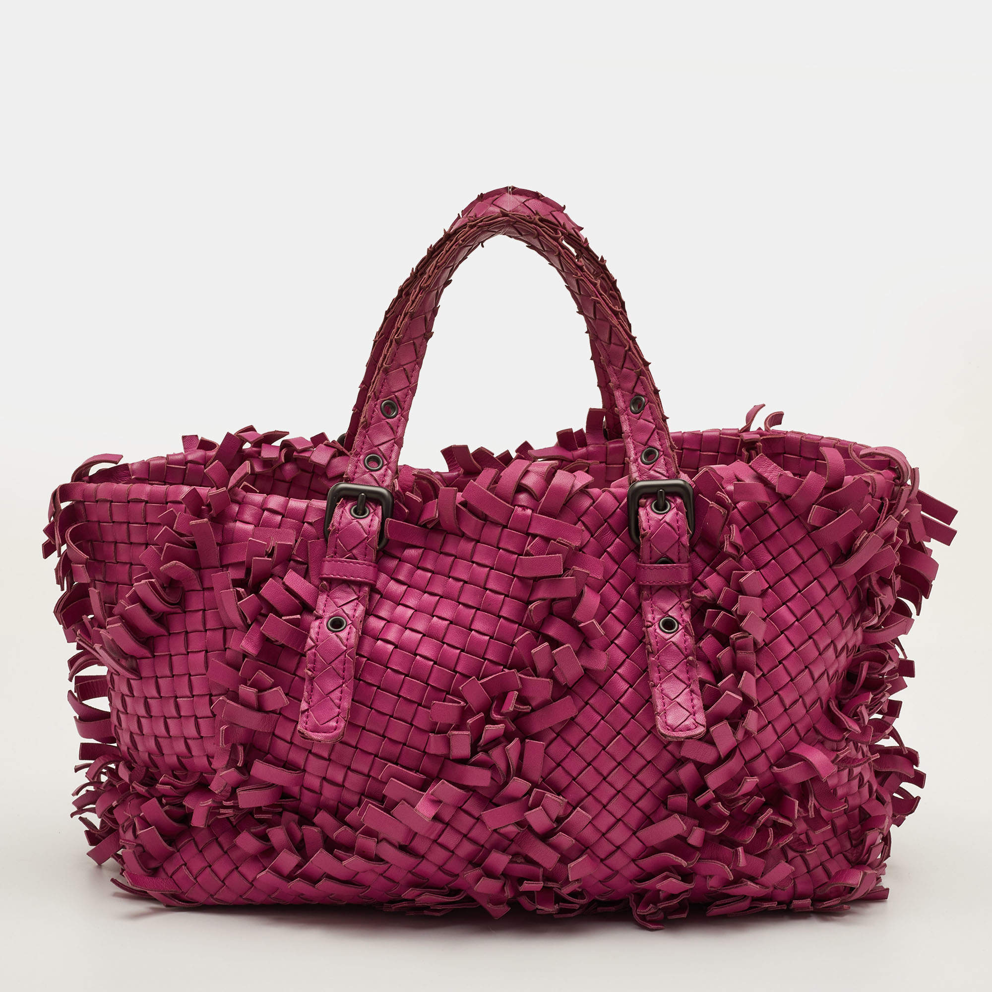 Pre Owned Bottega Veneta Fringe Pink Intrecciato Leather Cabat Tote