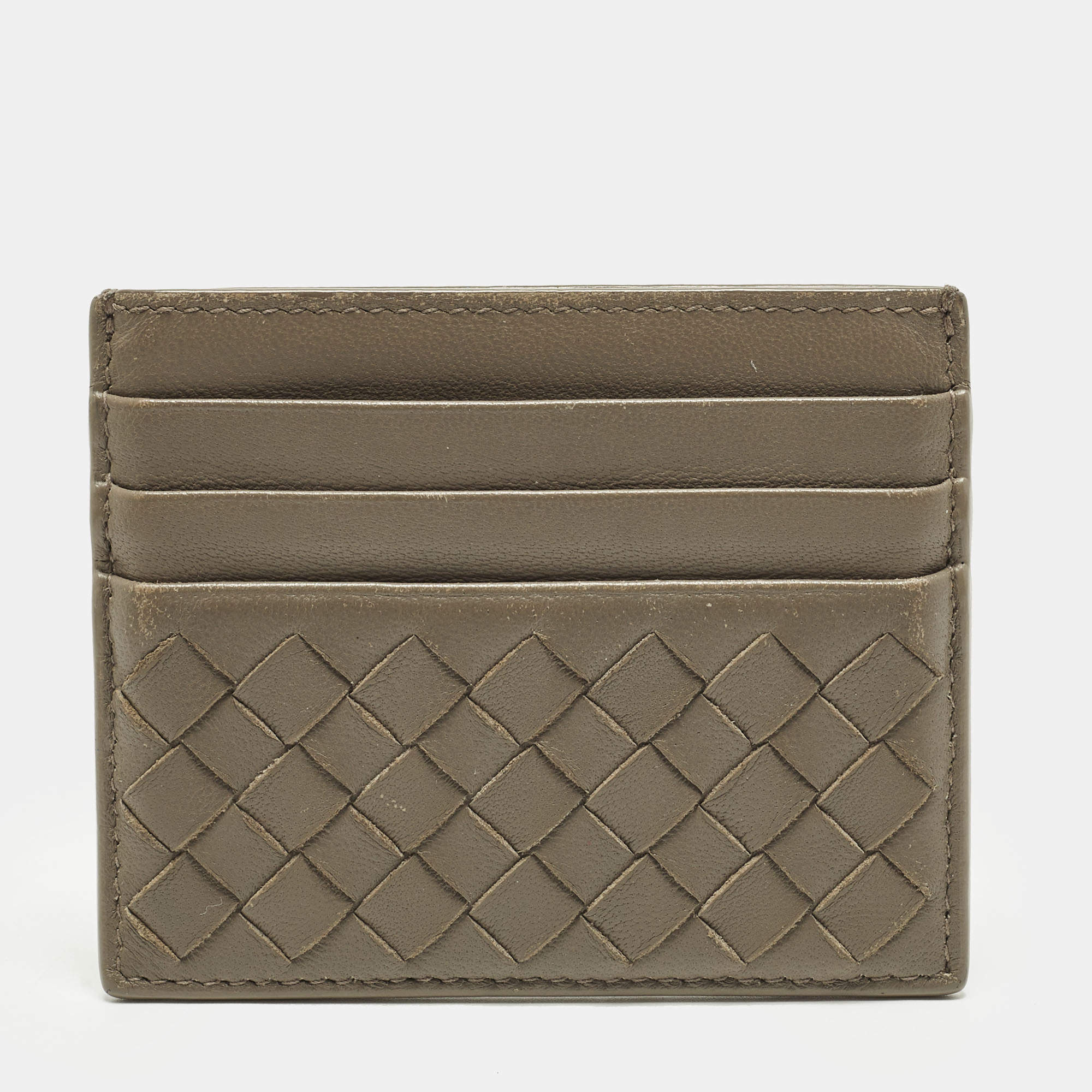Pre Owned Bottega Veneta Grey Intrecciato Leather Card Holder