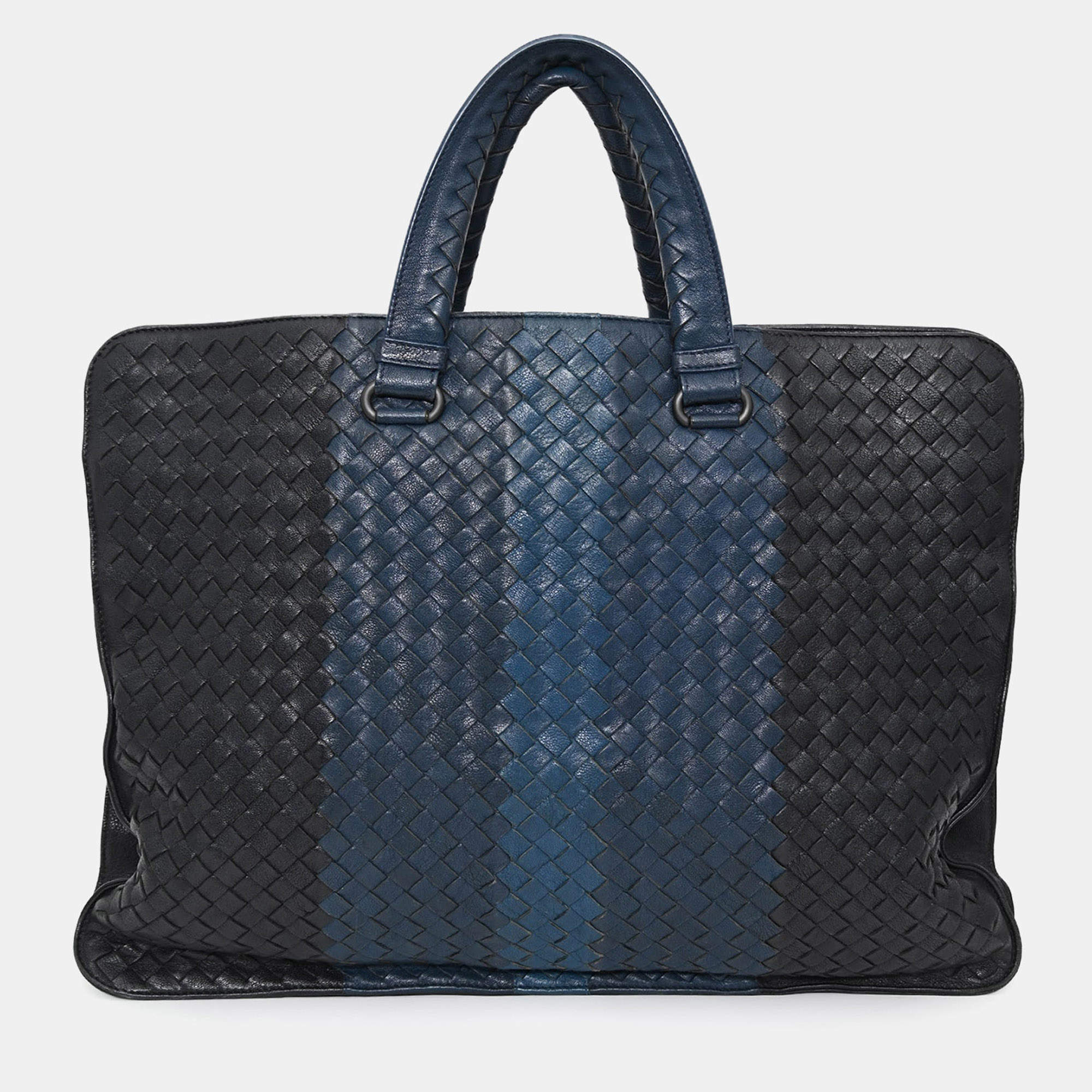 Pre Owned Bottega Veneta Black/Blue Intrecciato Leather Briefcase with Strap