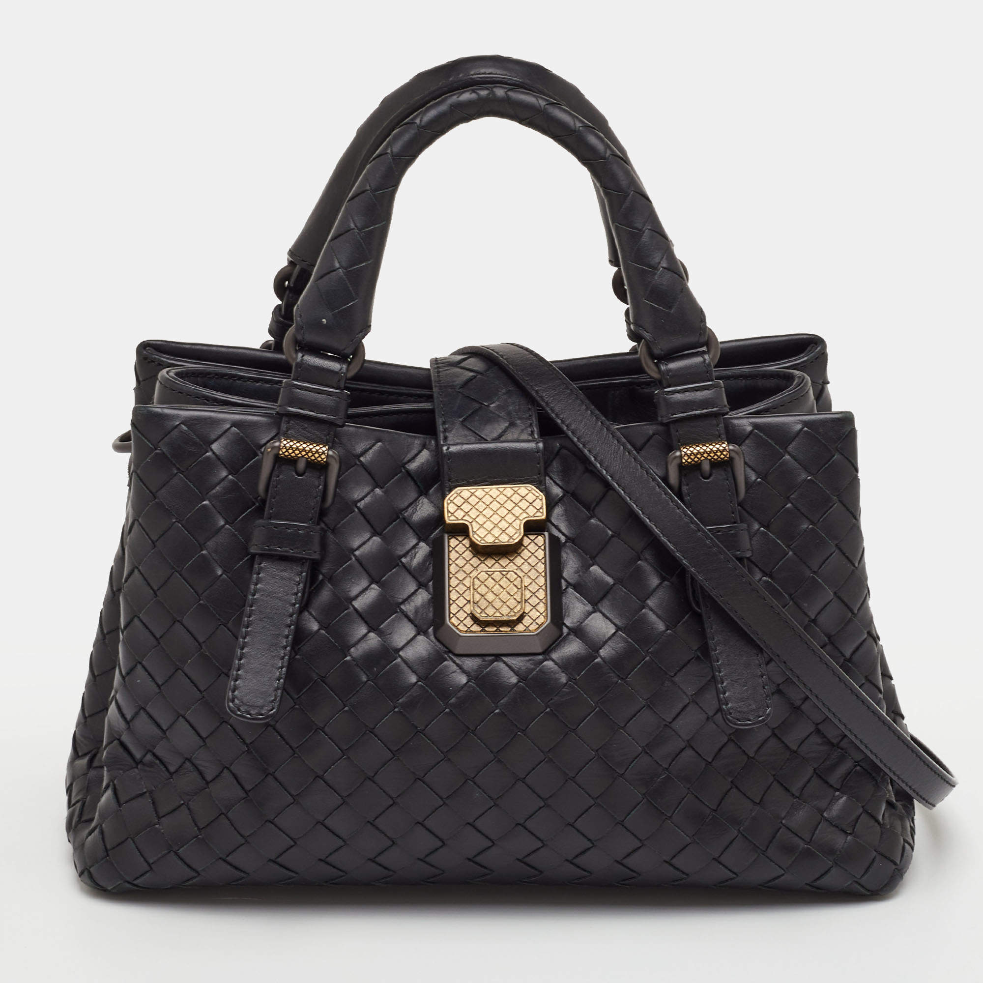 Pre Owned Bottega Veneta Roma Mini Black Intrecciato Leather Tote