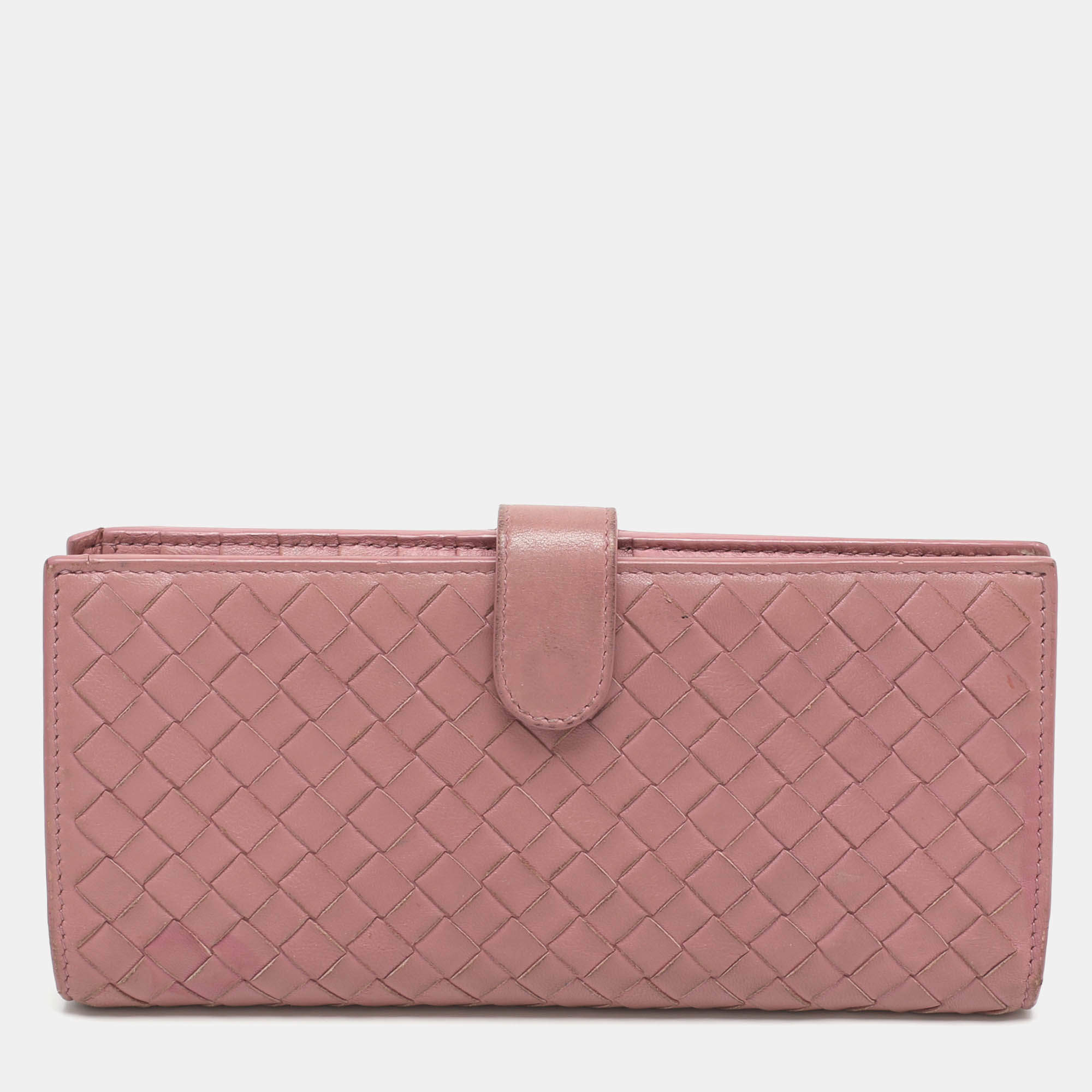 Pre Owned Bottega Veneta Pink Intrecciato Leather Long Wallet