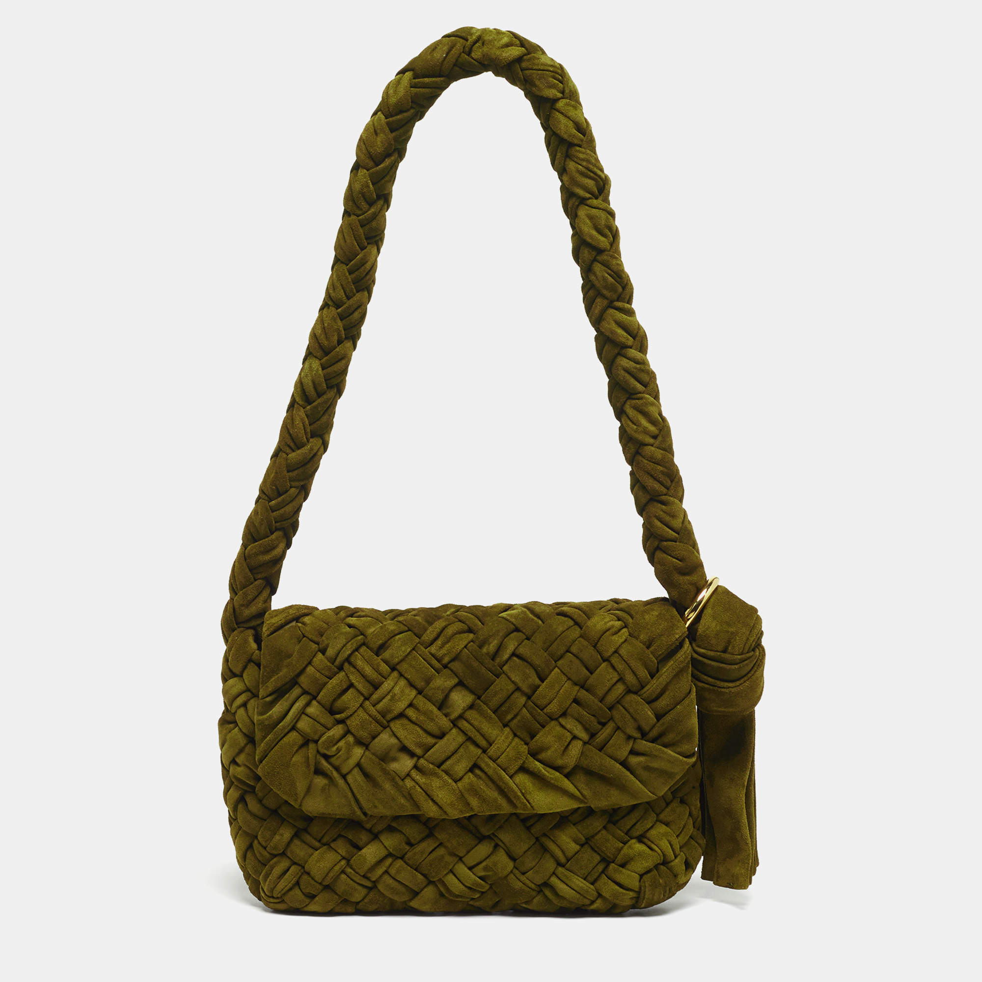 Pre Owned Bottega Veneta Kalimero Città Medium Olive Green Intreccio Suede Shoulder Bag