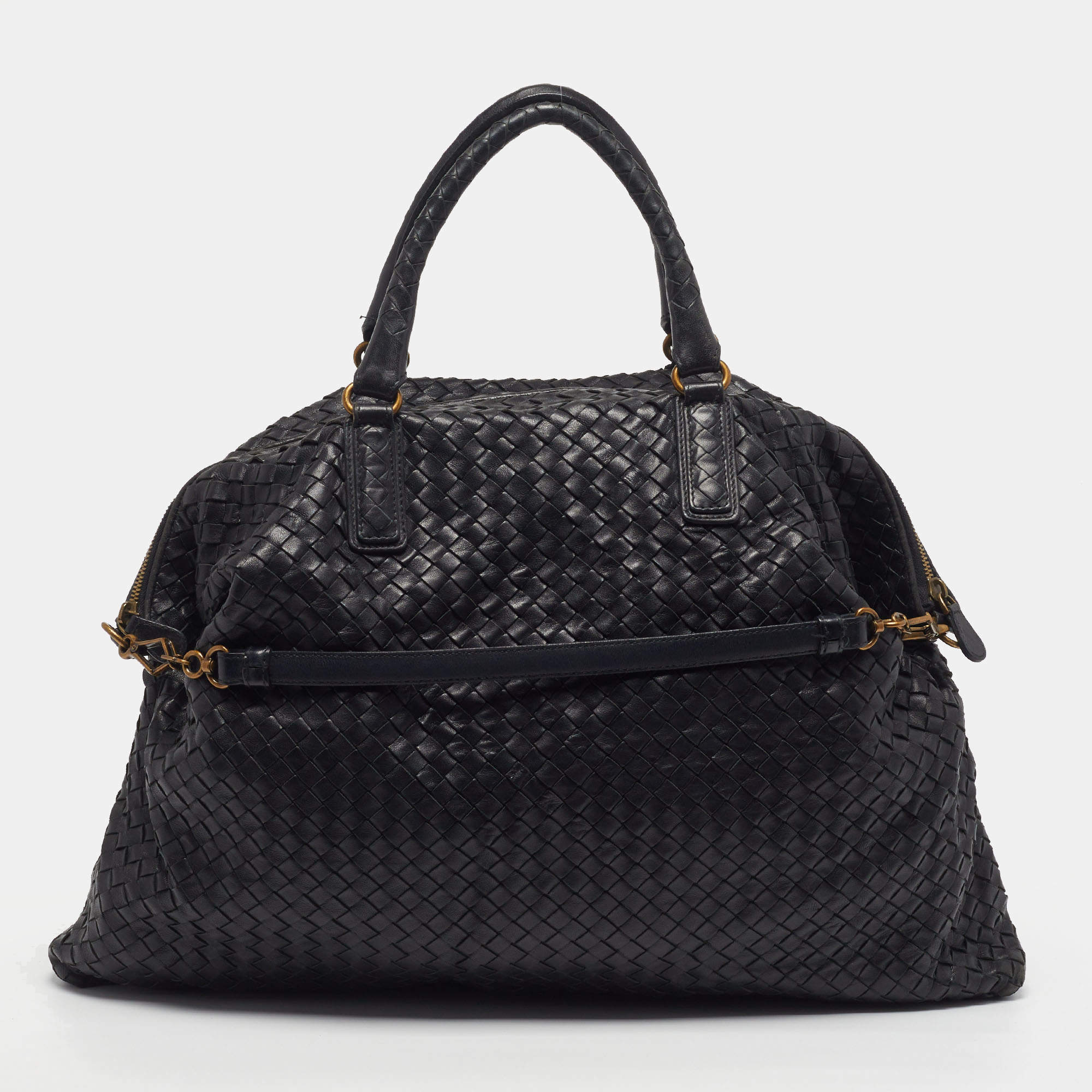 Pre Owned Bottega Veneta Convertible Maxi Black Intrecciato Leather Bag