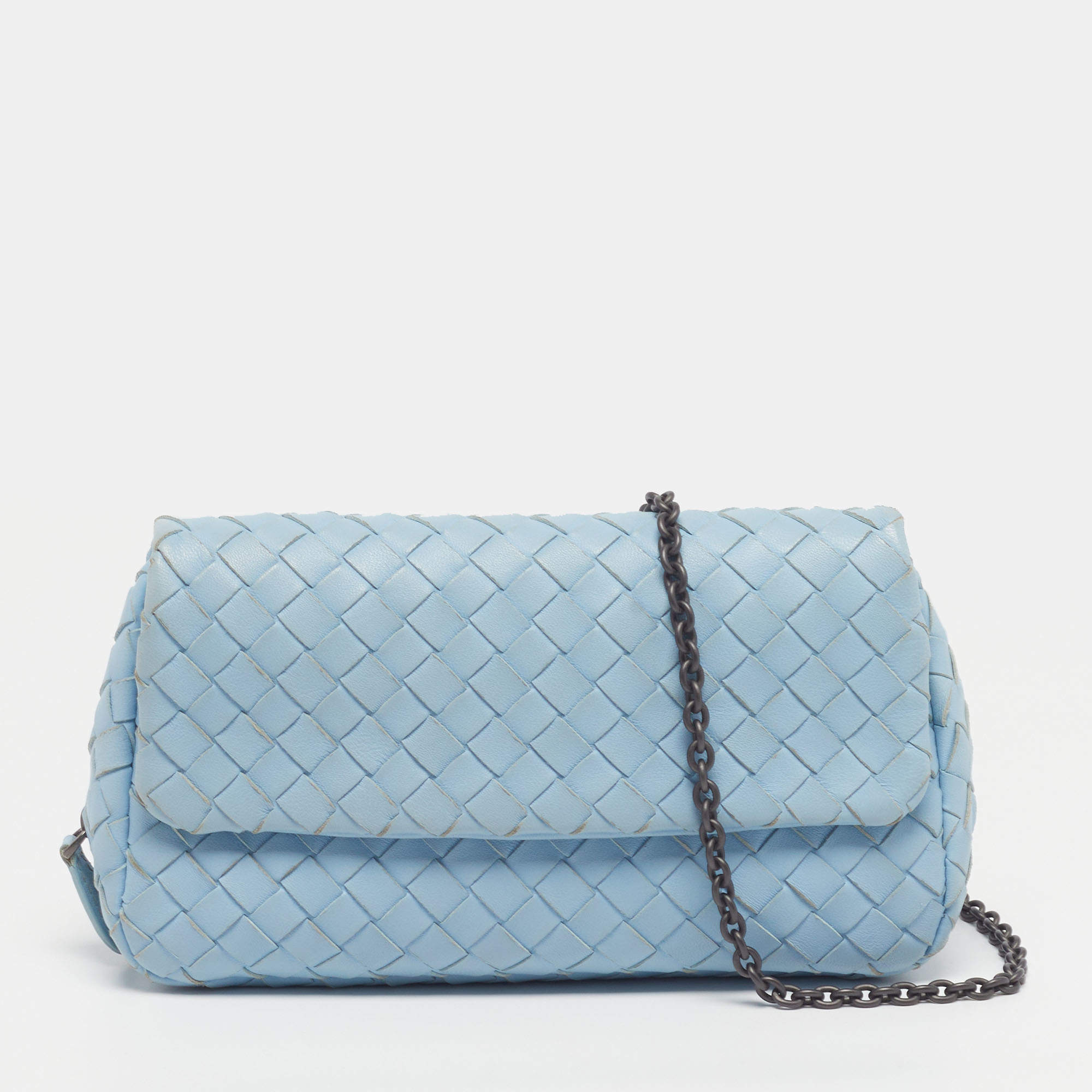 Pre Owned Bottega Veneta Light Blue Intrecciato Leather Chain Crossbody Bag
