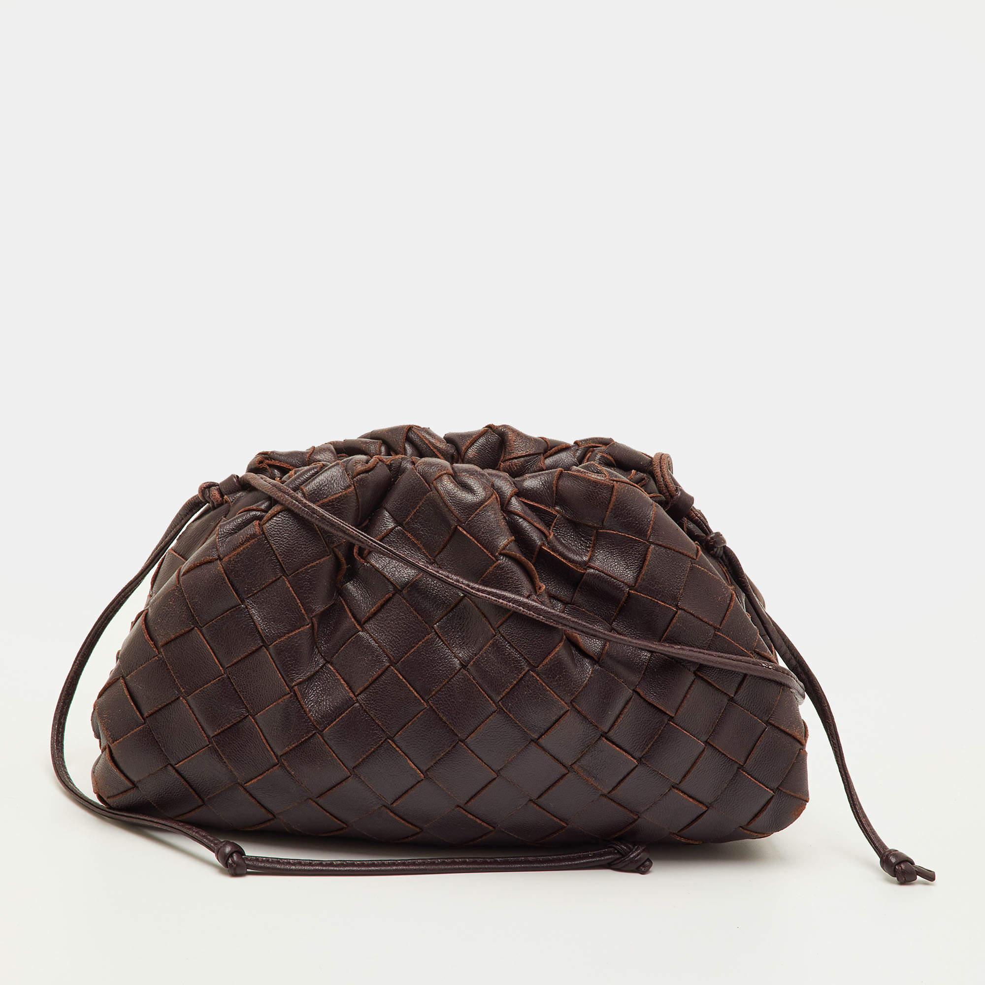 Pre Owned Bottega Veneta The Pouch Mini Dark Brown Intrecciato Leather Crossbody Bag