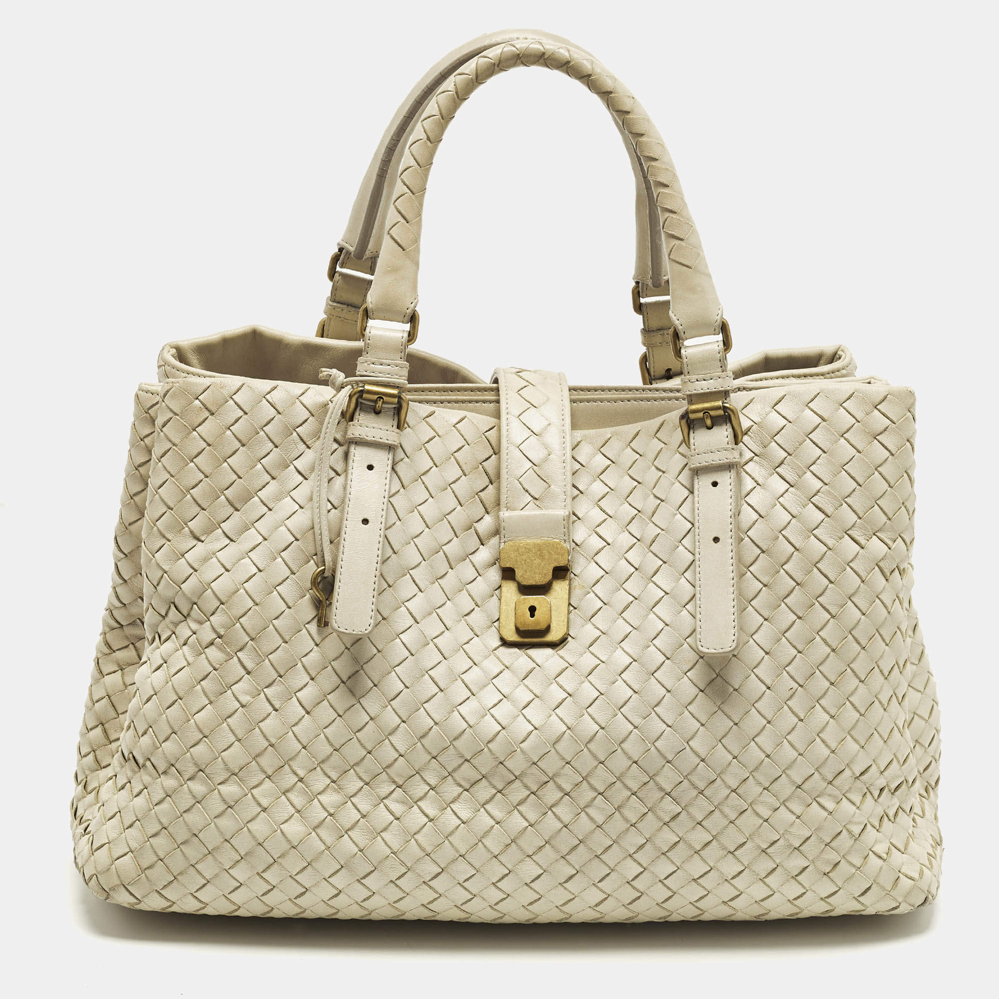 Pre Owned Bottega Veneta Roma Large Off White Intrecciato Leather Tote