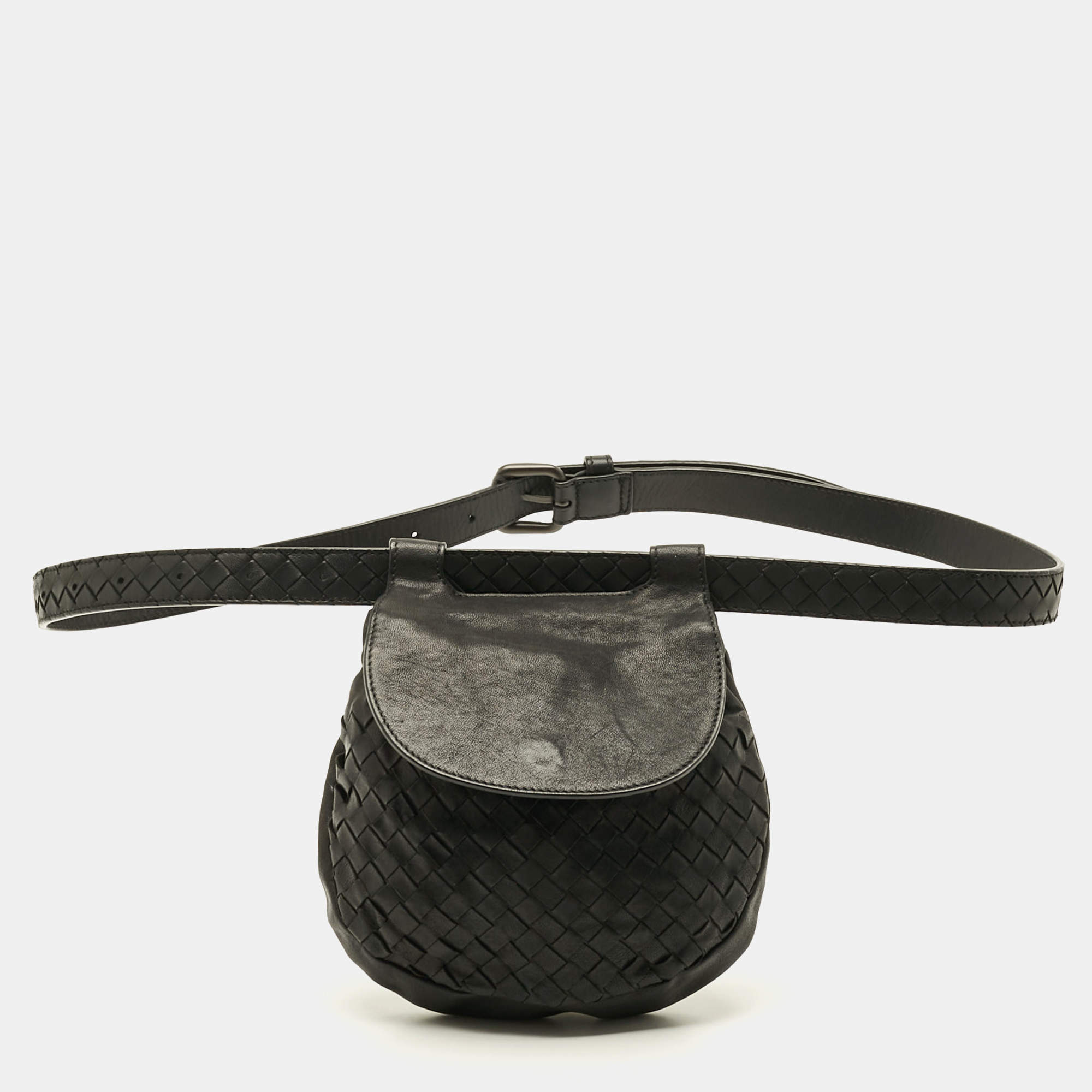 Pre Owned Bottega Veneta Black Intrecciato Leather Belt Bag