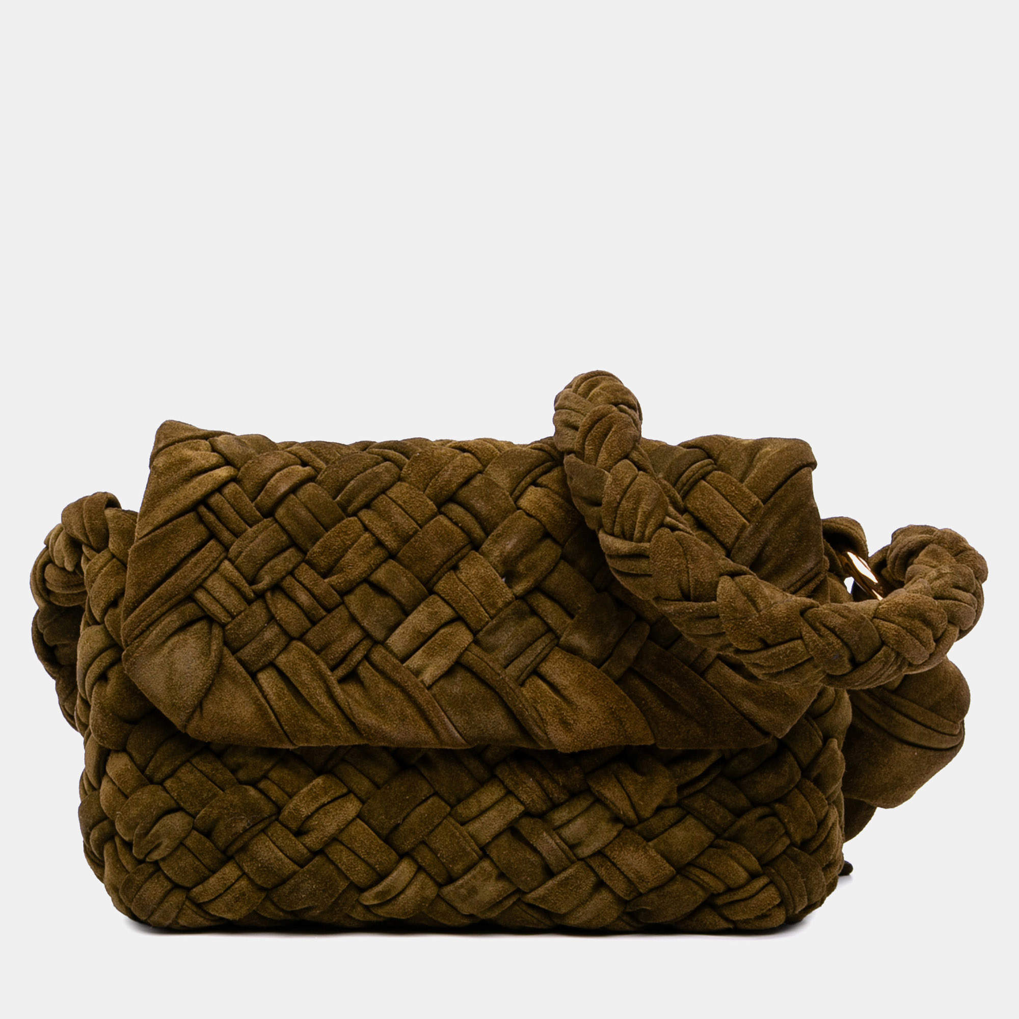 Pre Owned Bottega Veneta Green Medium Suede Intrecciato Kalimero Citta Shoulder Bag