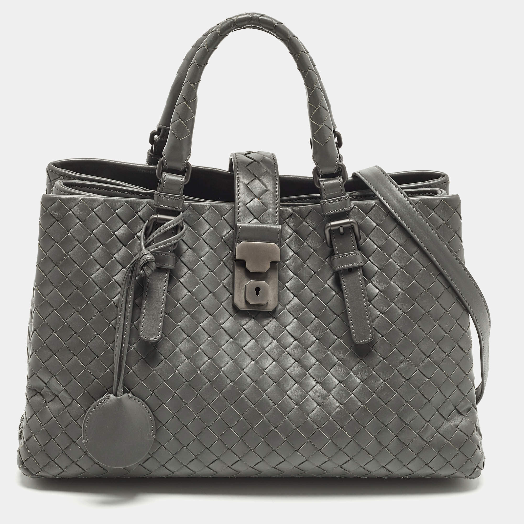 مملوكة مسبقًا حقيبة بوتيغا فينيتا روما صغيرة جلد إنتريشاتو رمادي تاوپ