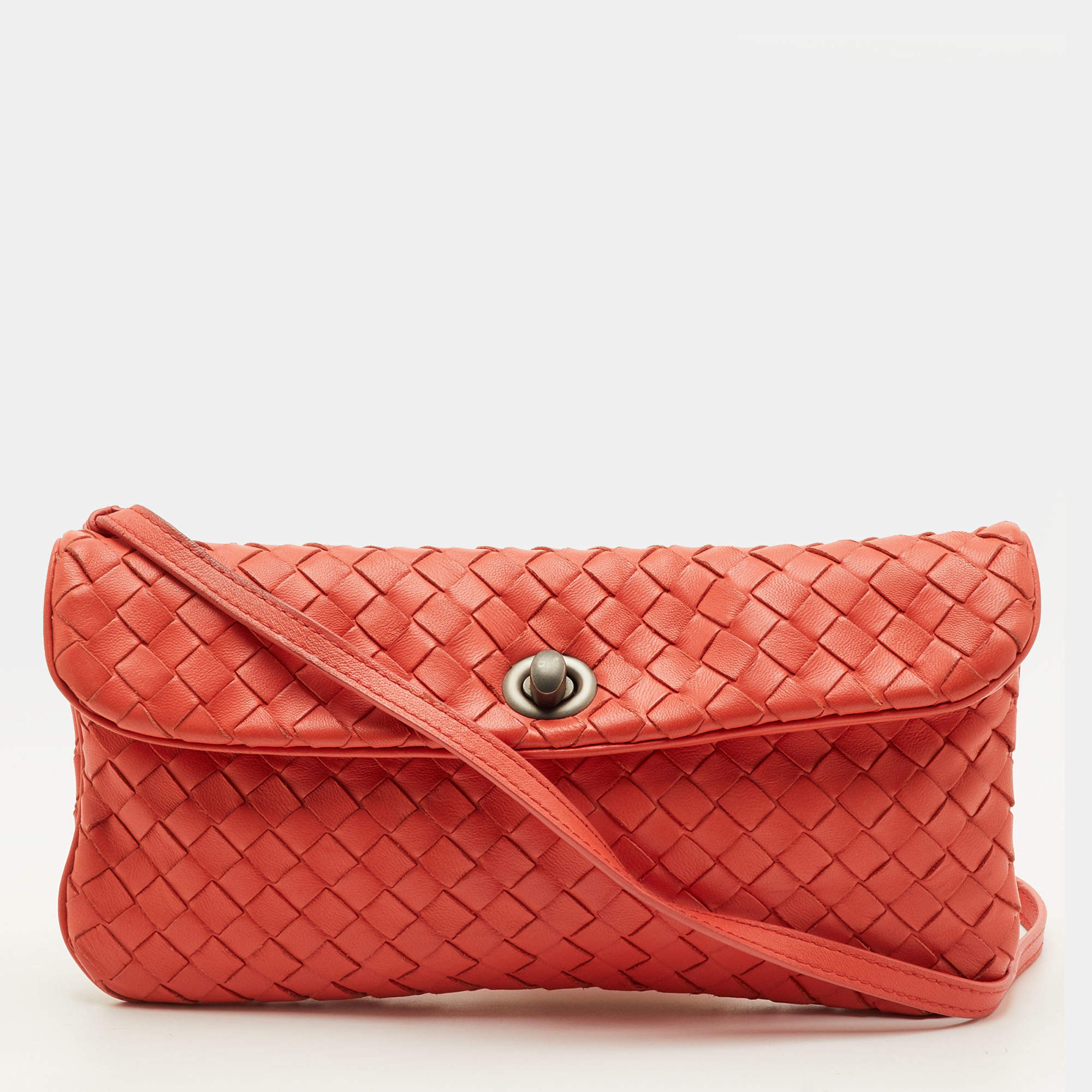 مملوكة مسبقًا Bottega Veneta Intrecciato Peach Orange Leather Flap Shoulder Bag