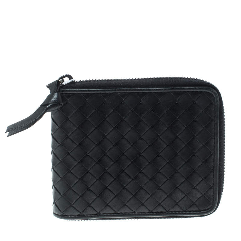 مملوكة مسبقًا Bottega Veneta Black Intrecciato Leather Zip Around Wallet