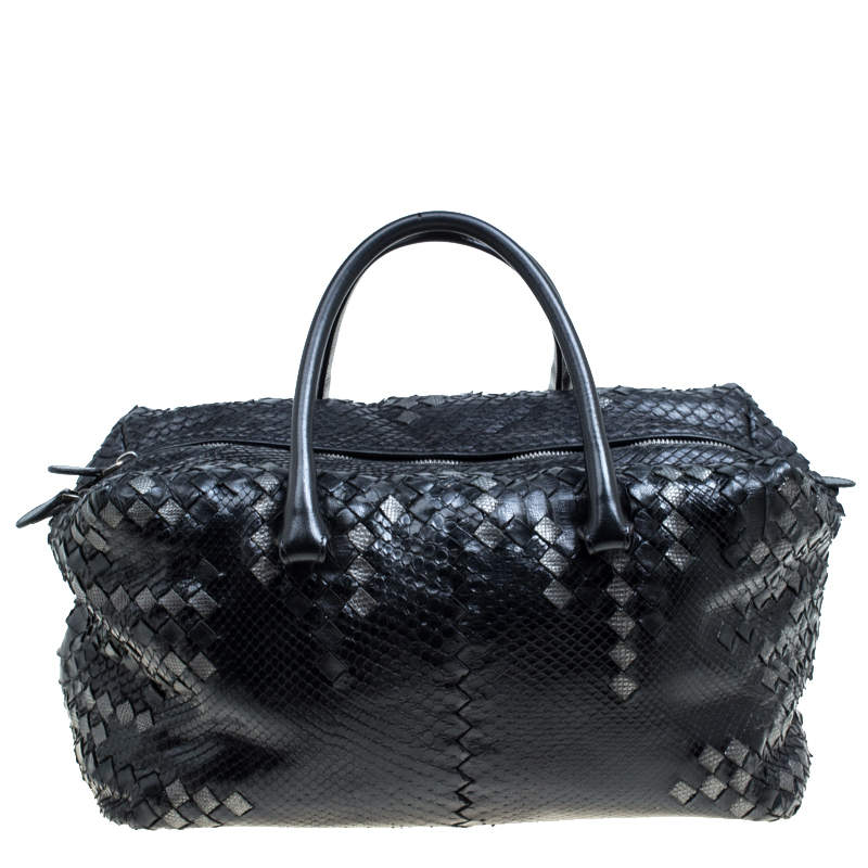 Bottega Veneta Black Python and Leather Intrecciato Detail Brick Bag