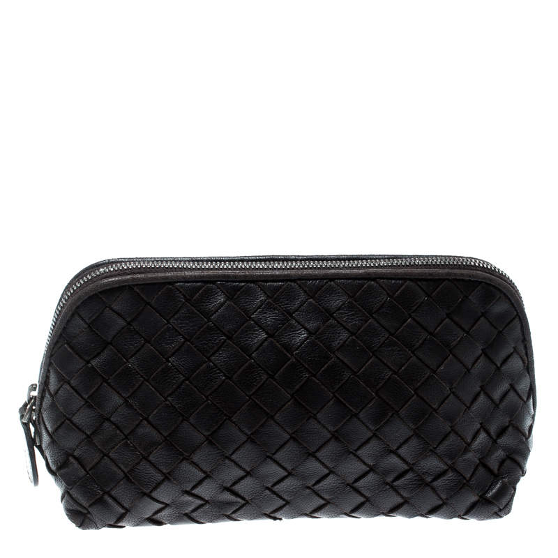 Pre Owned Bottega Veneta Dark Brown Intrecciato Leather Pouch