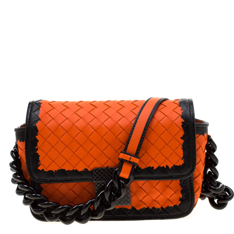 Pre Owned Bottega Veneta Orange/Black Intrecciato Leather Mini Glass Shoulder Bag
