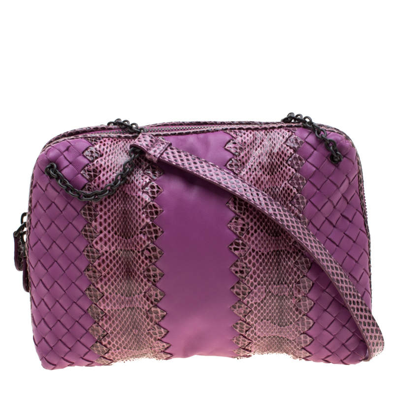 Bottega Veneta Purple Intrecciato Leather and Snakeskin Ayers Crossbody Bag