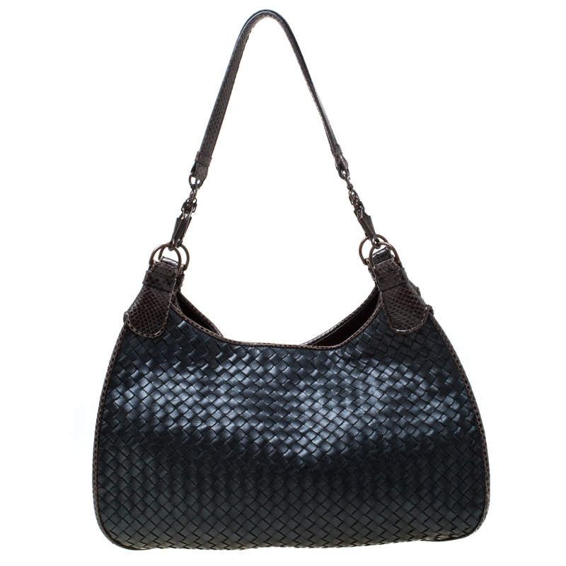 مملوكة مسبقًا  حقيبة هوبو بوتيغا فينيتا جلد نابا مجدول وثعبان فينيتا بني / خضراء داكنة