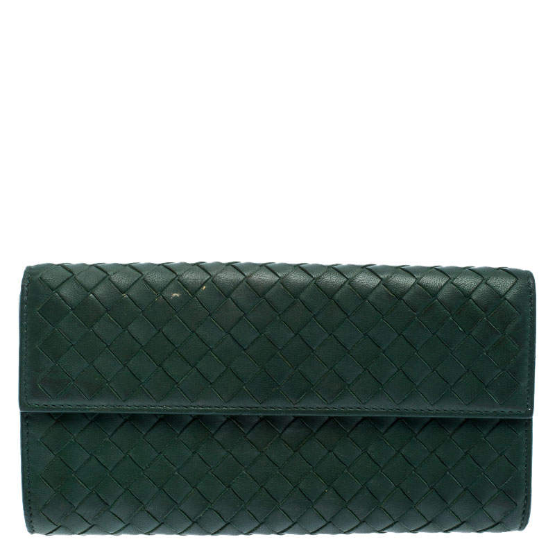 Pre Owned Bottega Veneta Green Intrecciato Leather Continental Flap Wallet