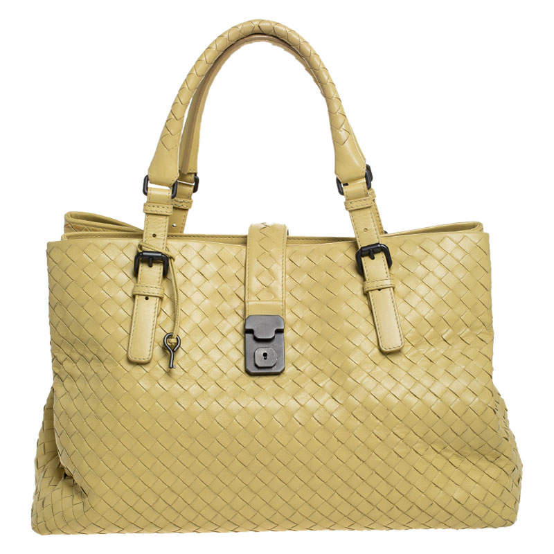 Pre Owned Bottega Veneta Yellow Leather Medium Roma Tote