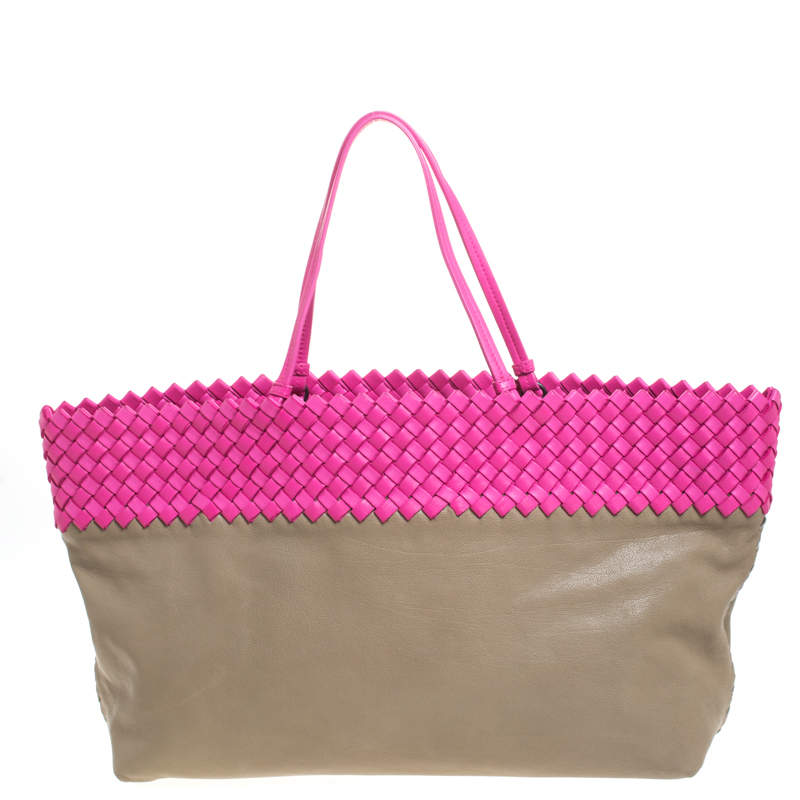 مملوكة مسبقًا Bottega Veneta Pink/Beige Top Woven Leather Shopper Tote