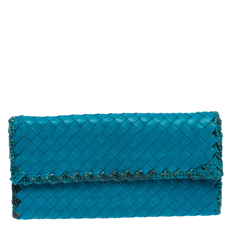 Pre Owned Bottega Veneta Blue Leather and Snakeskin Trim Flap Wallet