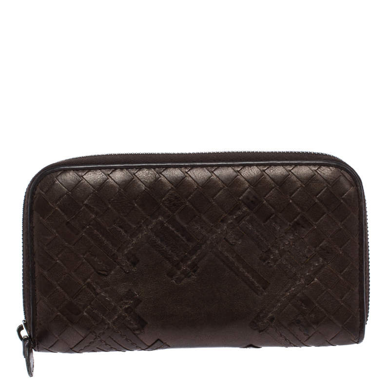 مملوكة مسبقًا Bottega Veneta Dark Brown Intrecciato Trimmed Leather Wallet