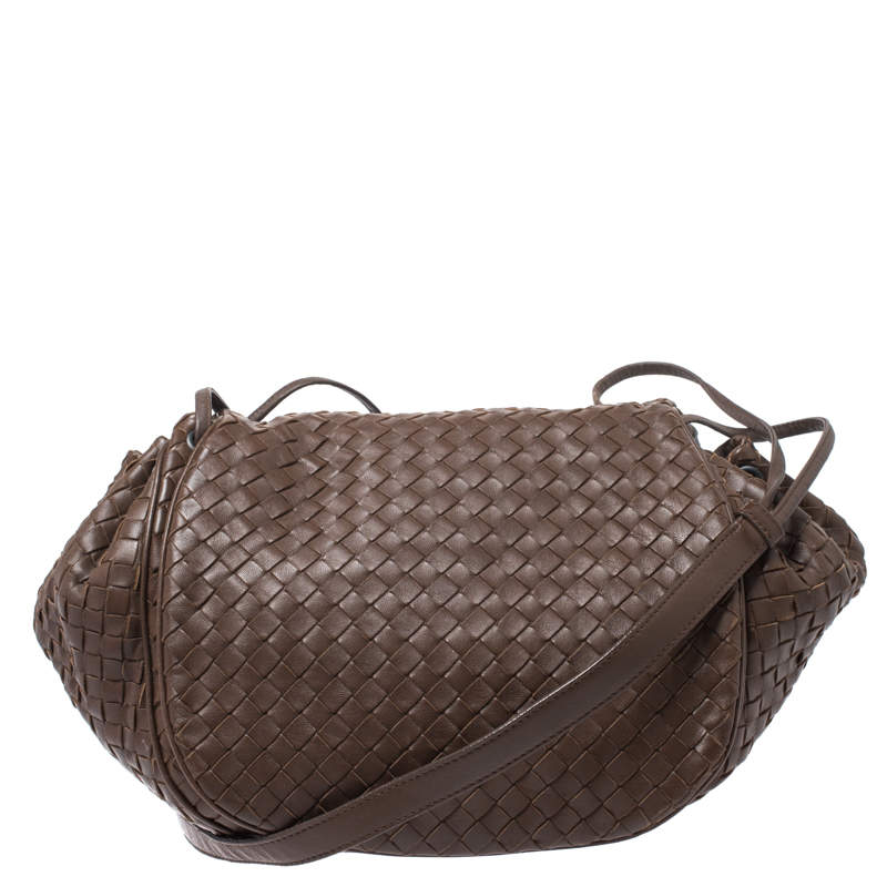 Bottega Veneta Brown Intrecciato Leather Drawstring Flap Crossbody Bag