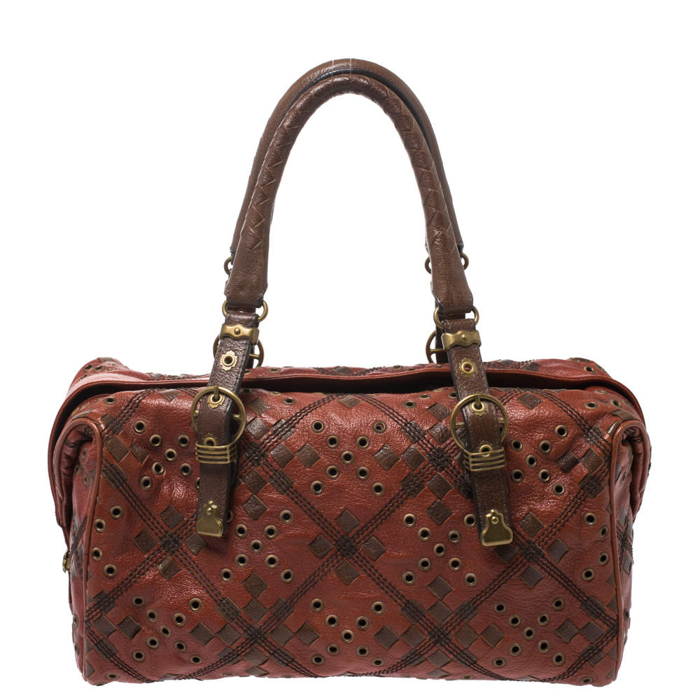 Pre Owned Bottega Veneta Orange/Brown Leather Grommet Boston Bag