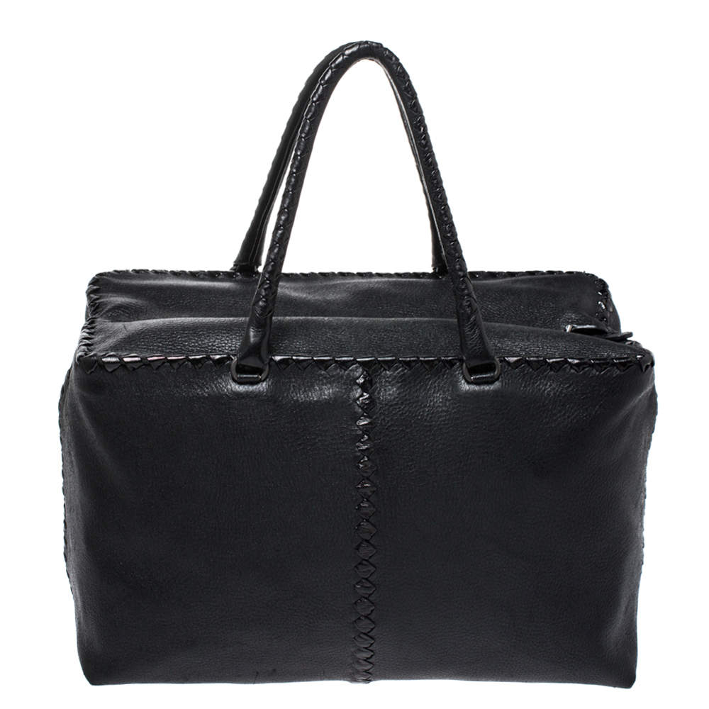 Pre Owned Bottega Veneta Black Intrecciato Trim Leather Tote