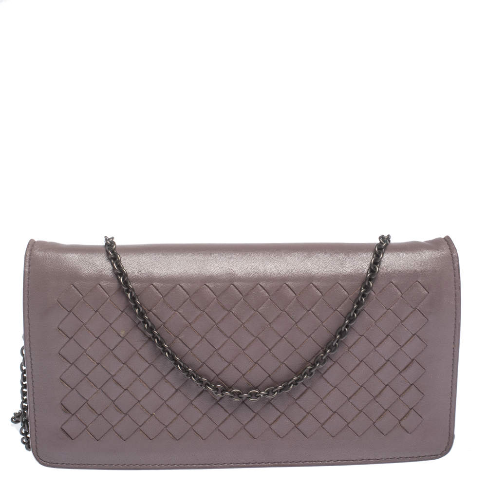 Bottega Veneta Pale Purple Intrecciato Leather Flap Chain Clutch