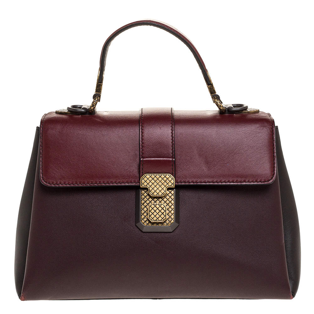 Bottega Veneta Burgundy/Black Leather Piazza Top Handle Bag Bottega ...