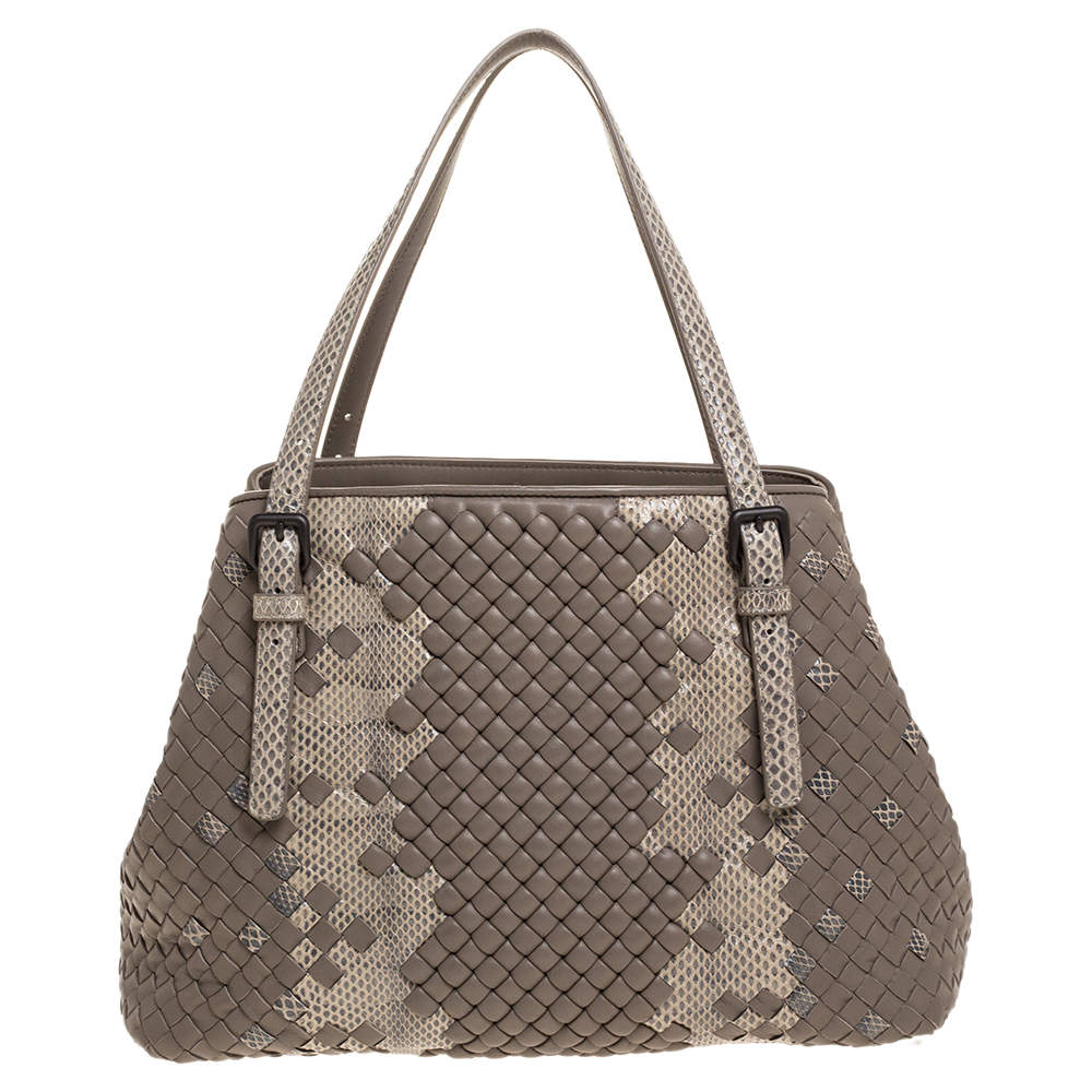 Pre Owned Bottega Veneta Beige Intrecciato Leather and Snakeskin Cesta Tote