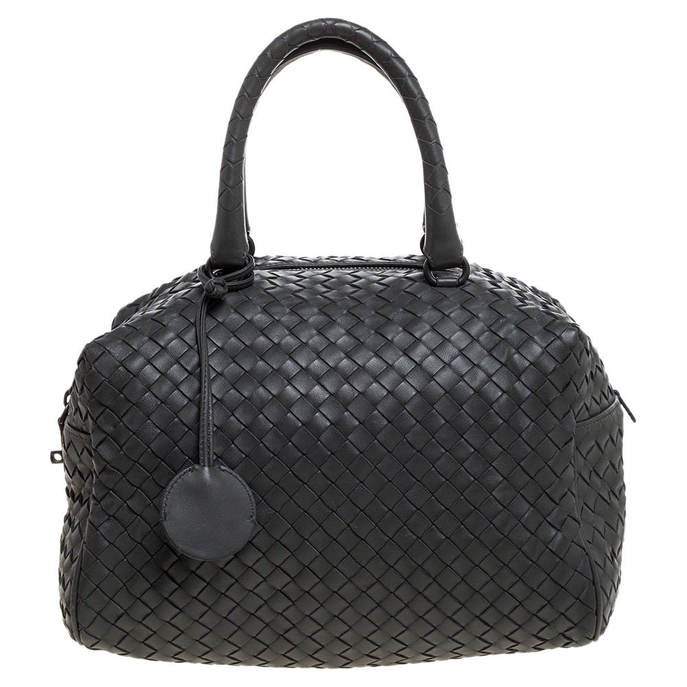 Pre Owned Bottega Veneta Dark Grey Intrecciato Leather Boston Bag